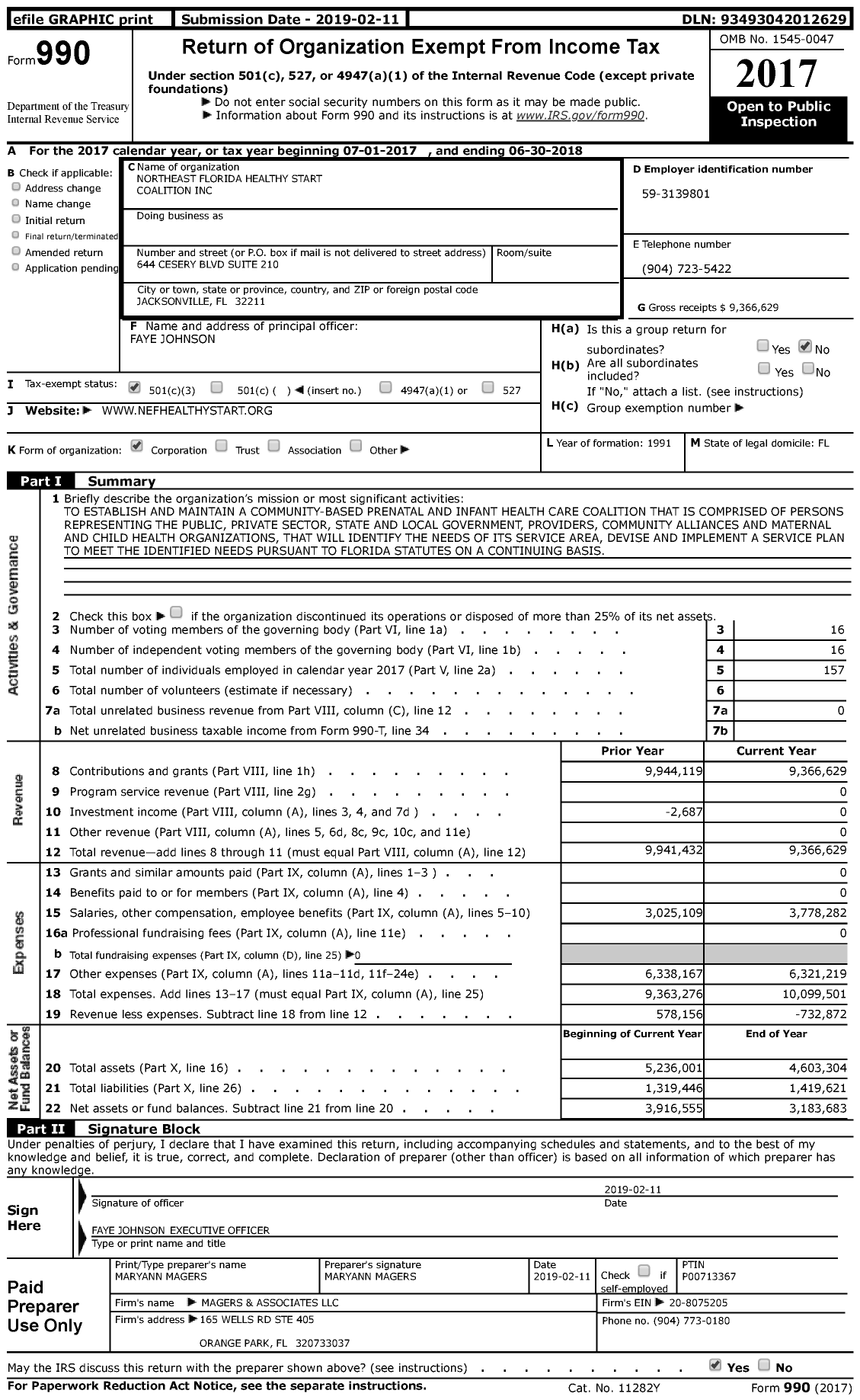 Image of first page of 2017 Form 990 for Northeast Florida Healthy Start Coalition