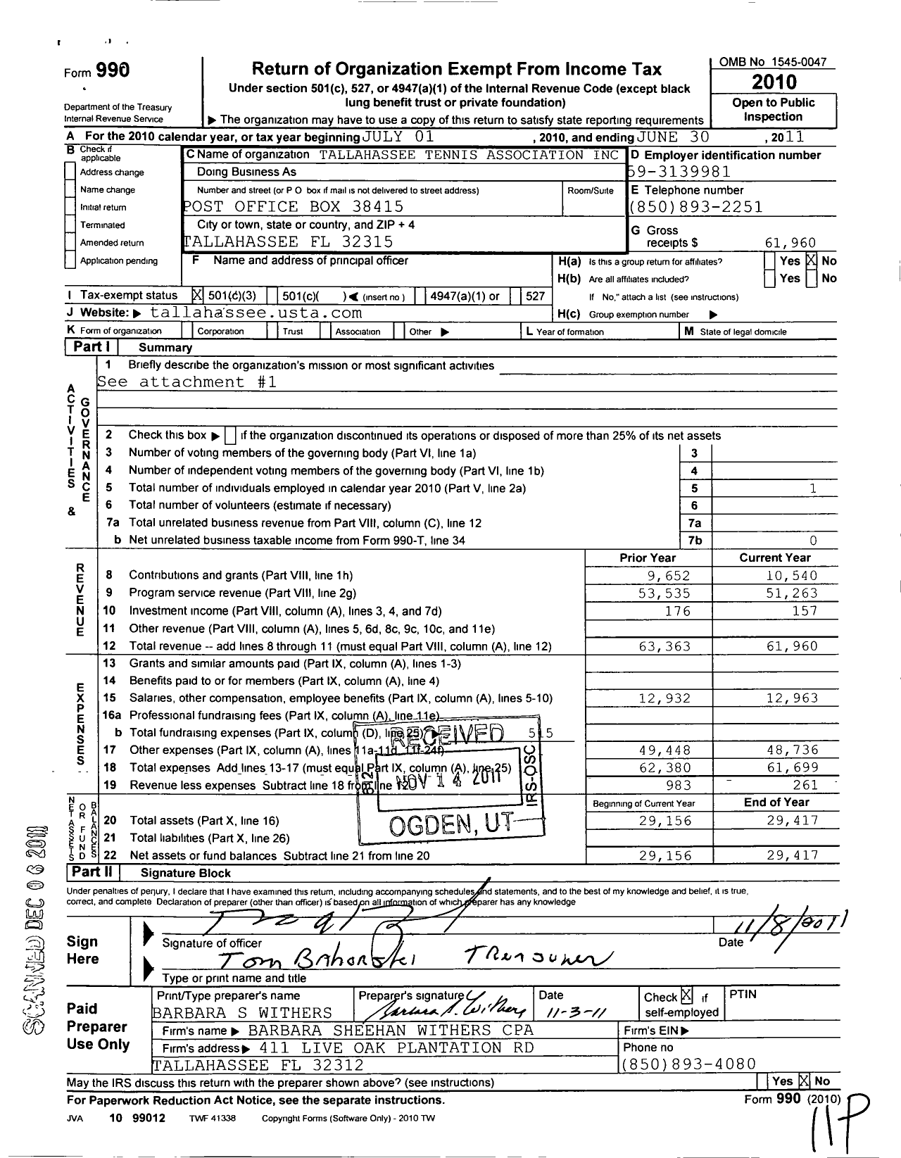 Image of first page of 2010 Form 990 for Tallahassee Tennis Association