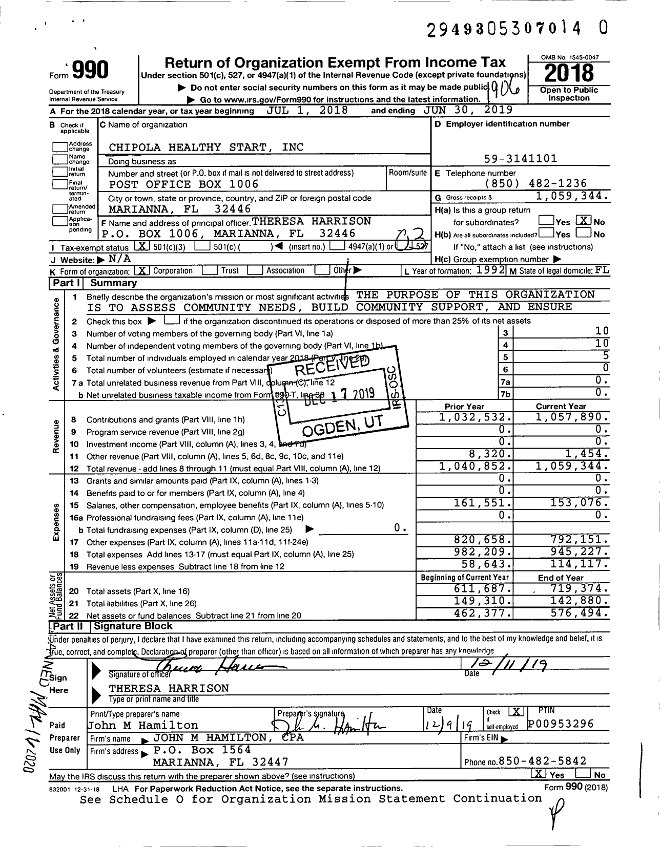 Image of first page of 2018 Form 990 for Chipola Healthy Start