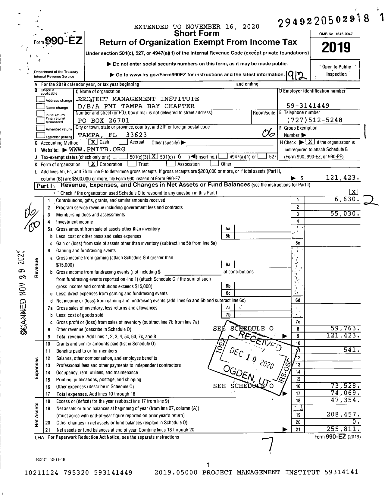 Image of first page of 2019 Form 990EO for Pmi Tampa Bay Chapter