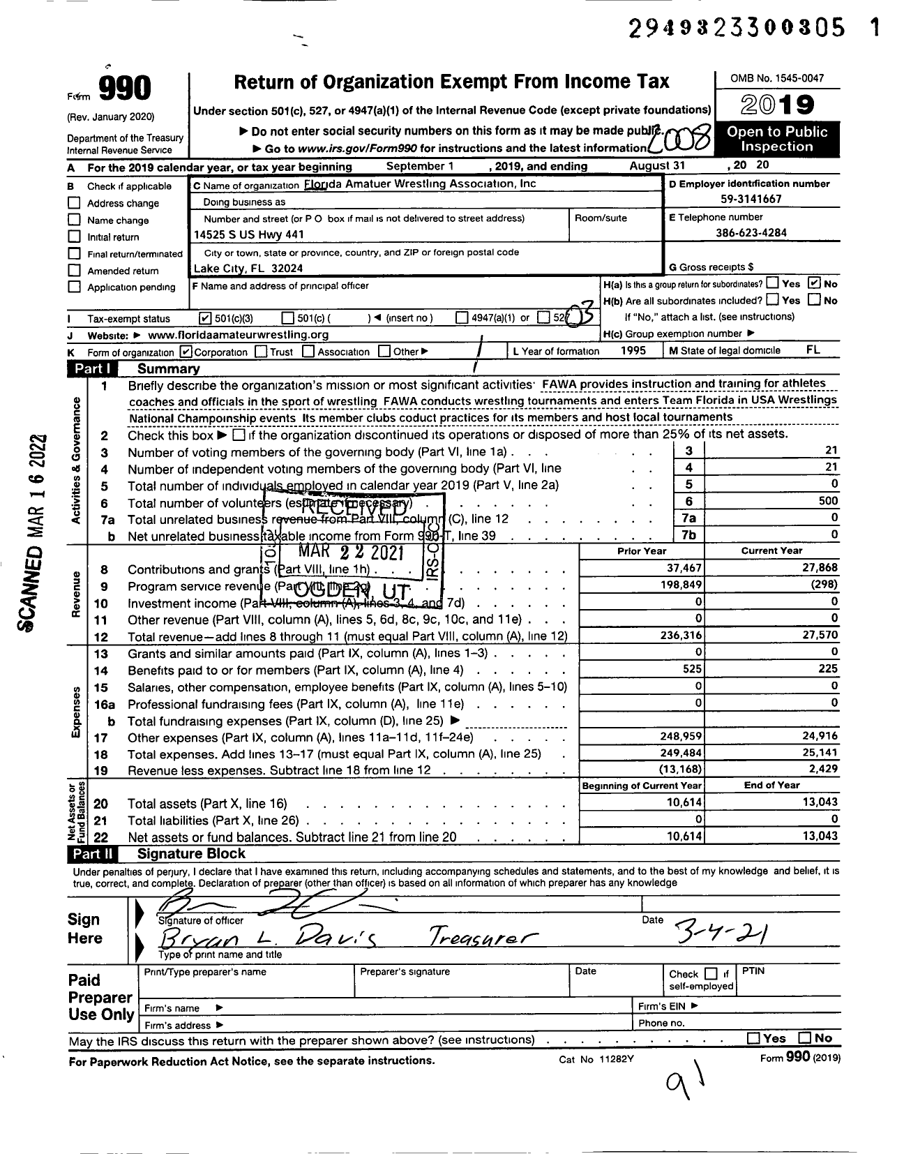 Image of first page of 2019 Form 990 for Florida Amateur Wrestling Association