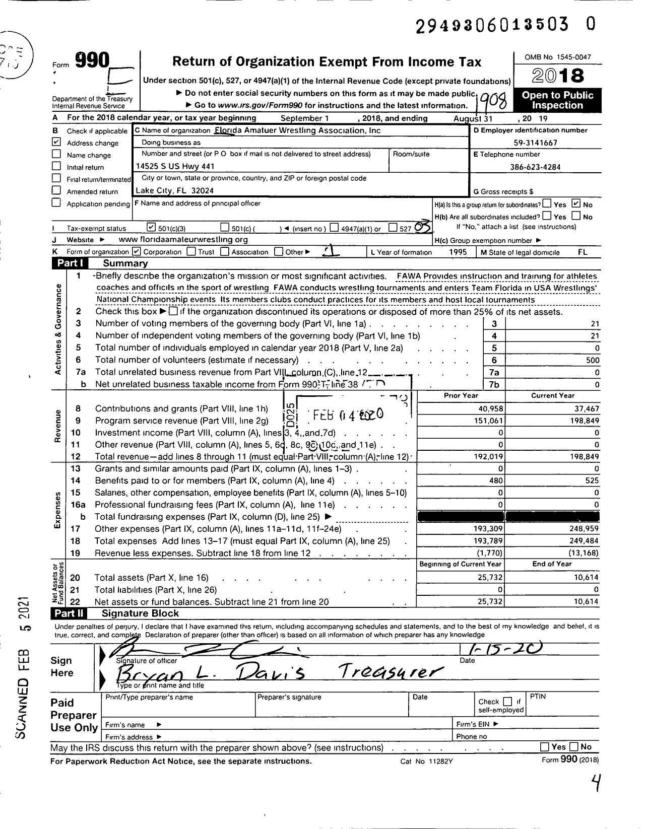 Image of first page of 2018 Form 990 for Florida Amateur Wrestling Association