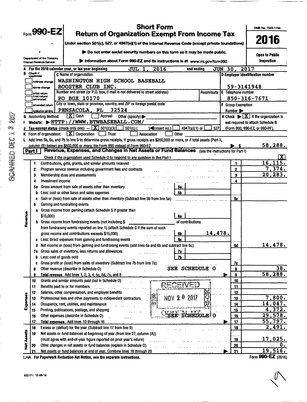 Image of first page of 2016 Form 990EZ for Washington High School Baseball Boosters Club