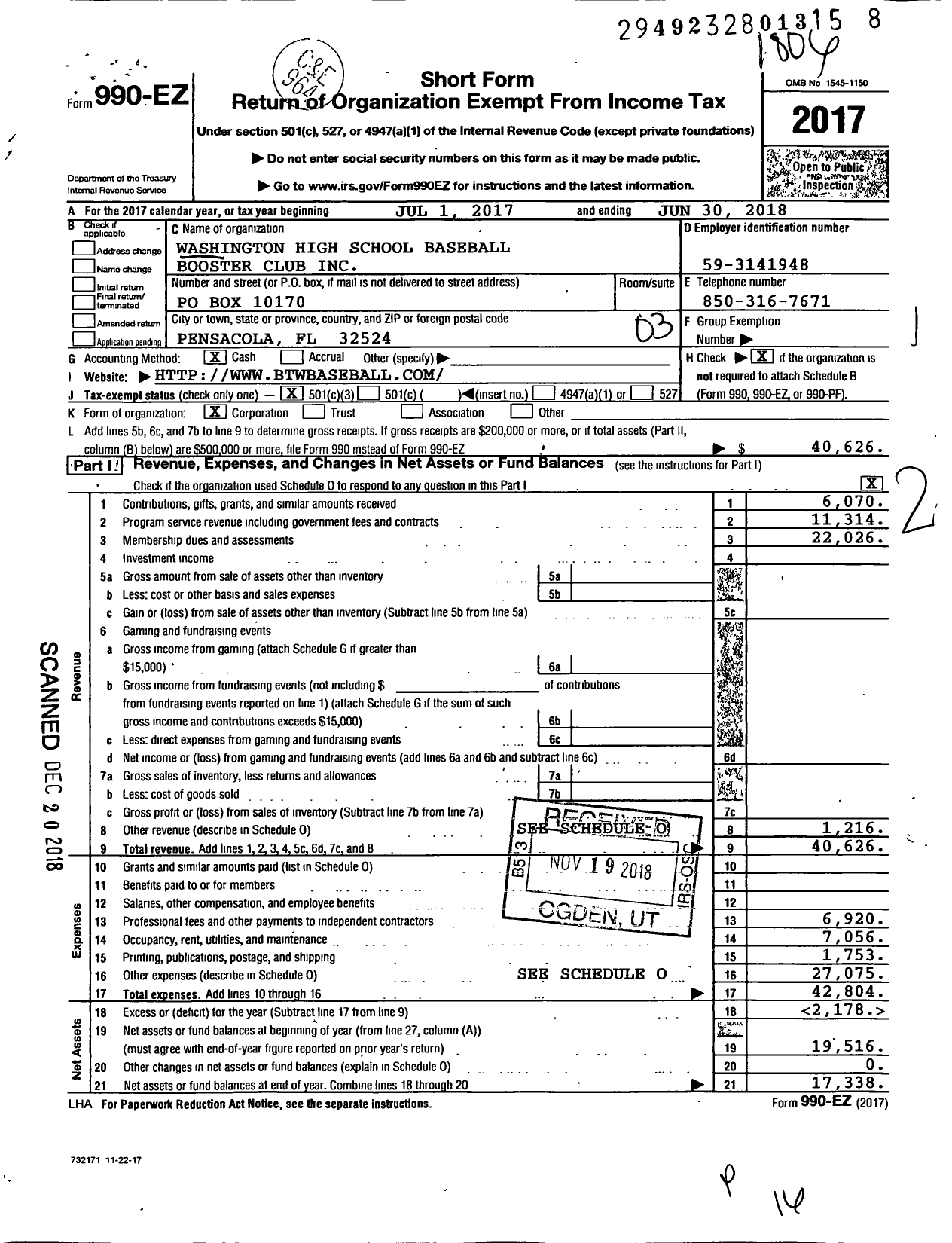 Image of first page of 2017 Form 990EZ for Washington High School Baseball Boosters Club