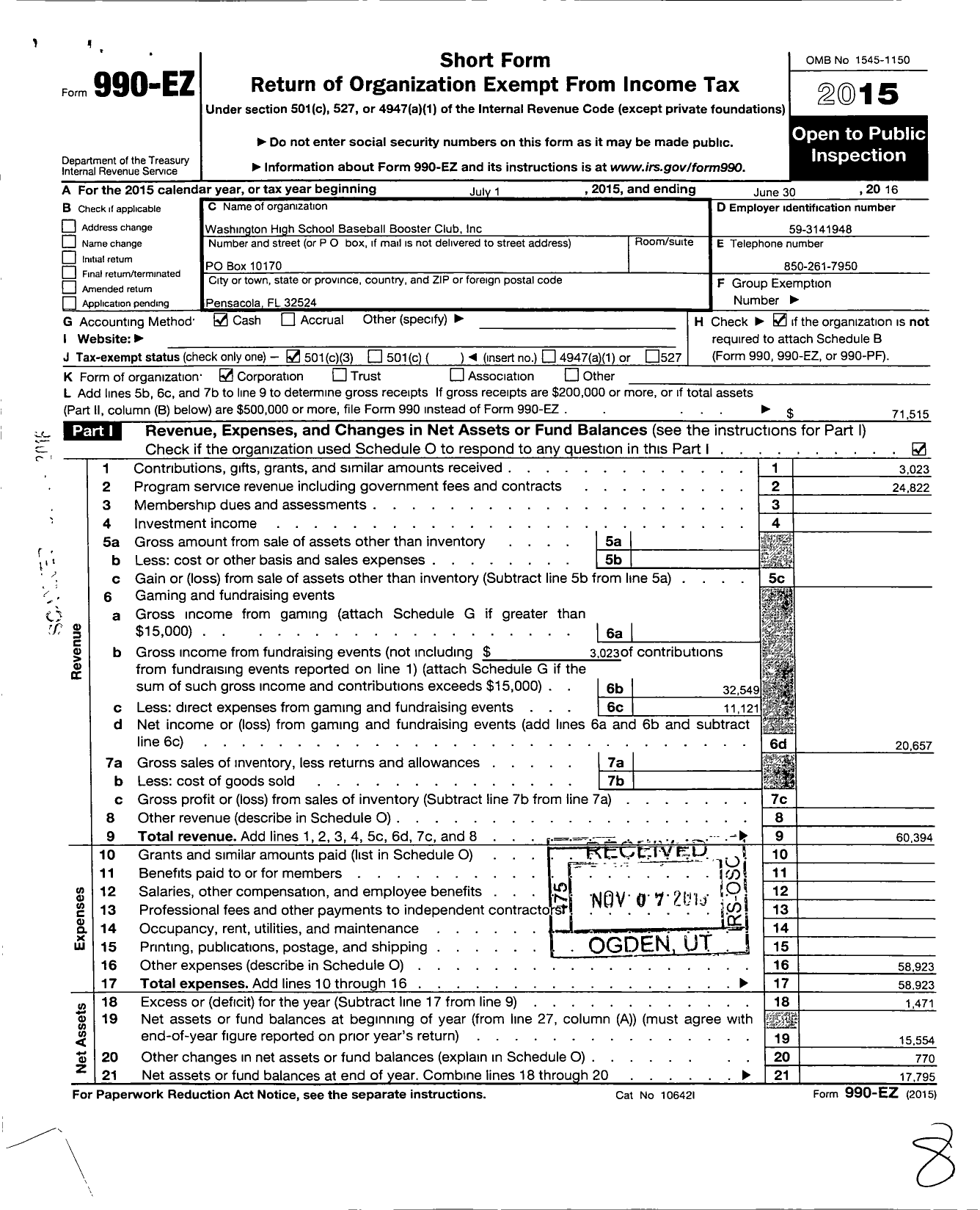 Image of first page of 2015 Form 990EZ for Washington High School Baseball Boosters Club