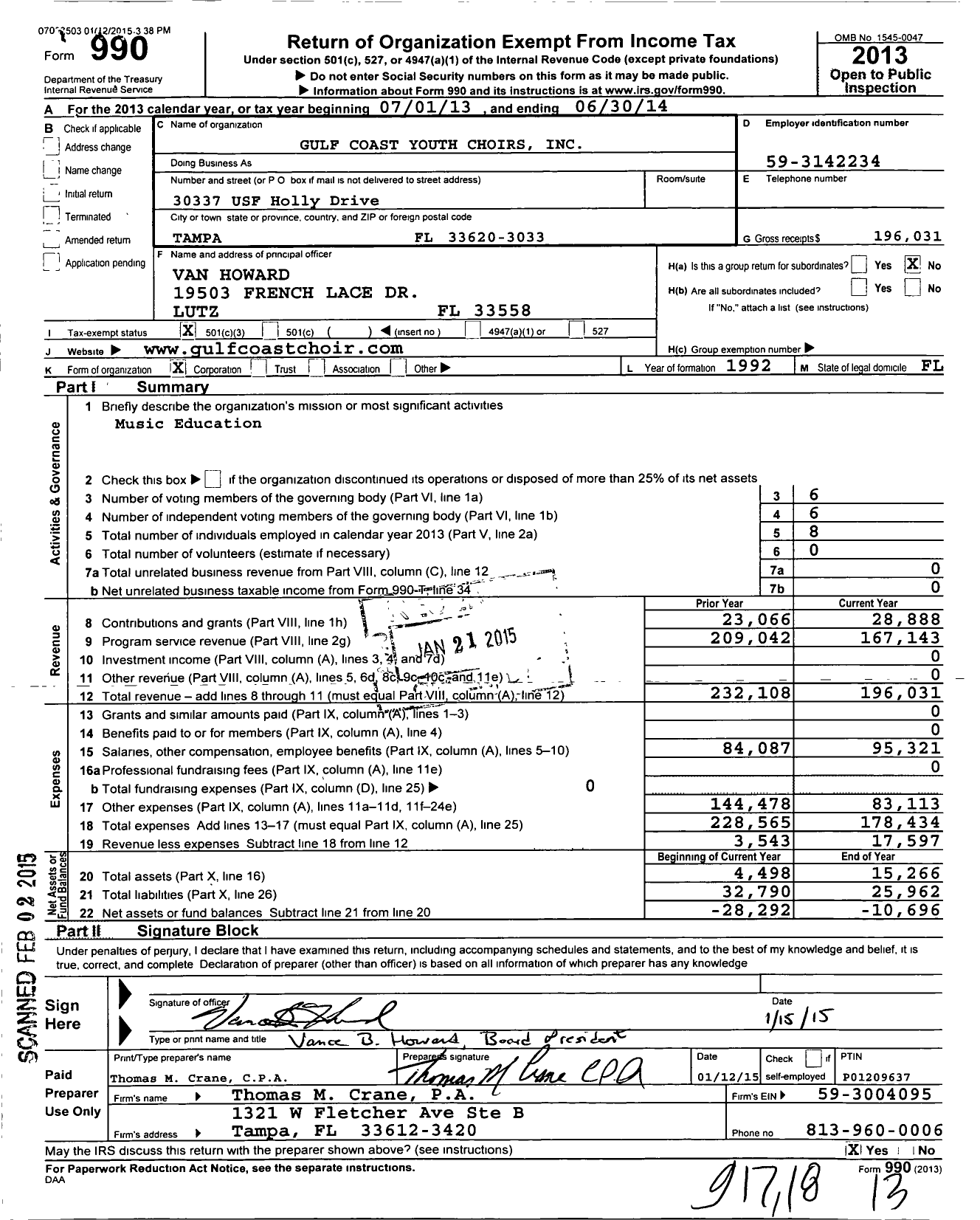 Image of first page of 2013 Form 990 for Lumina Youth Choirs / Gulf Coast Youth Choirs