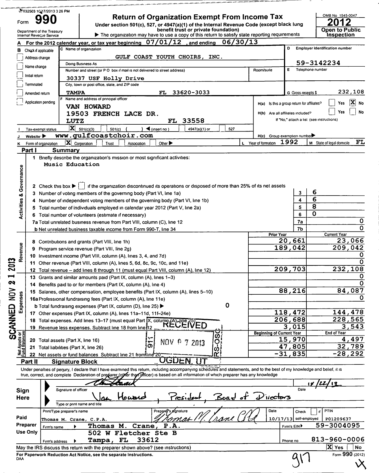 Image of first page of 2012 Form 990 for Lumina Youth Choirs / Gulf Coast Youth Choirs