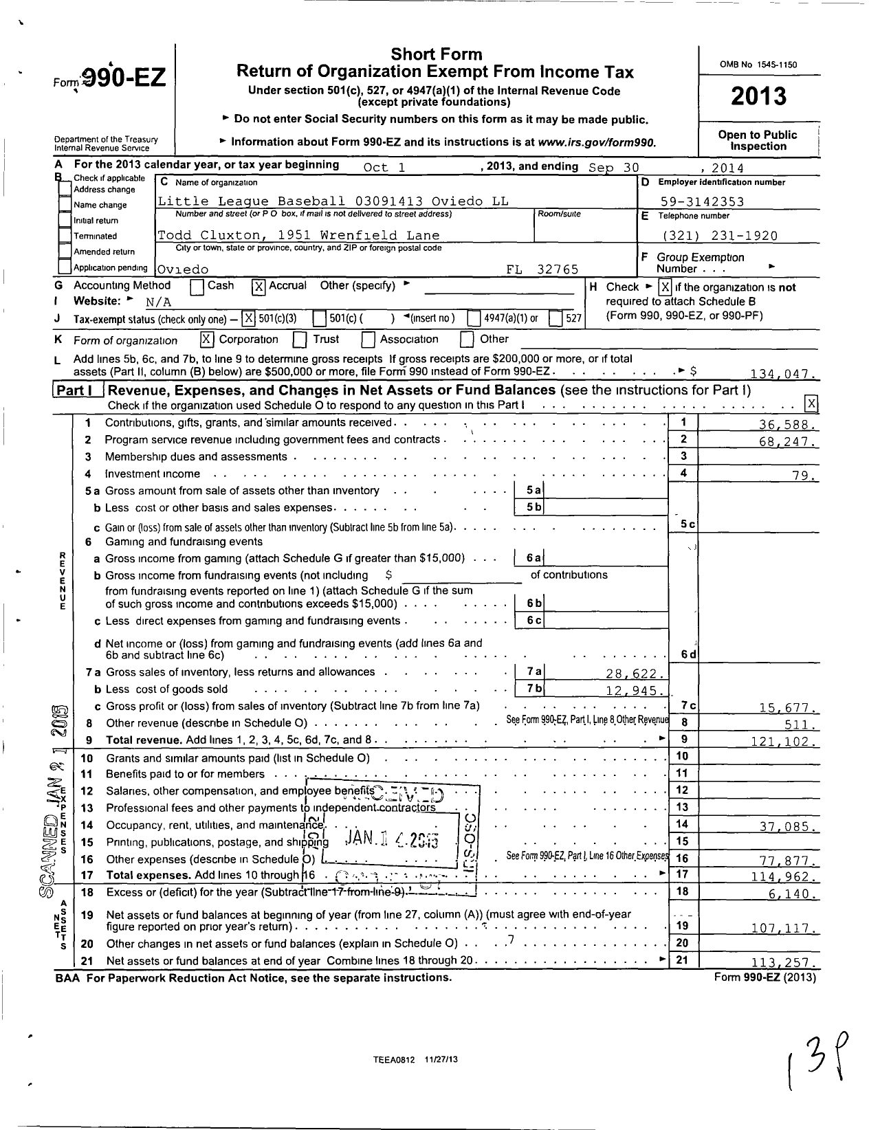 Image of first page of 2013 Form 990EZ for Little League Baseball - 3091413 Oviedo LL