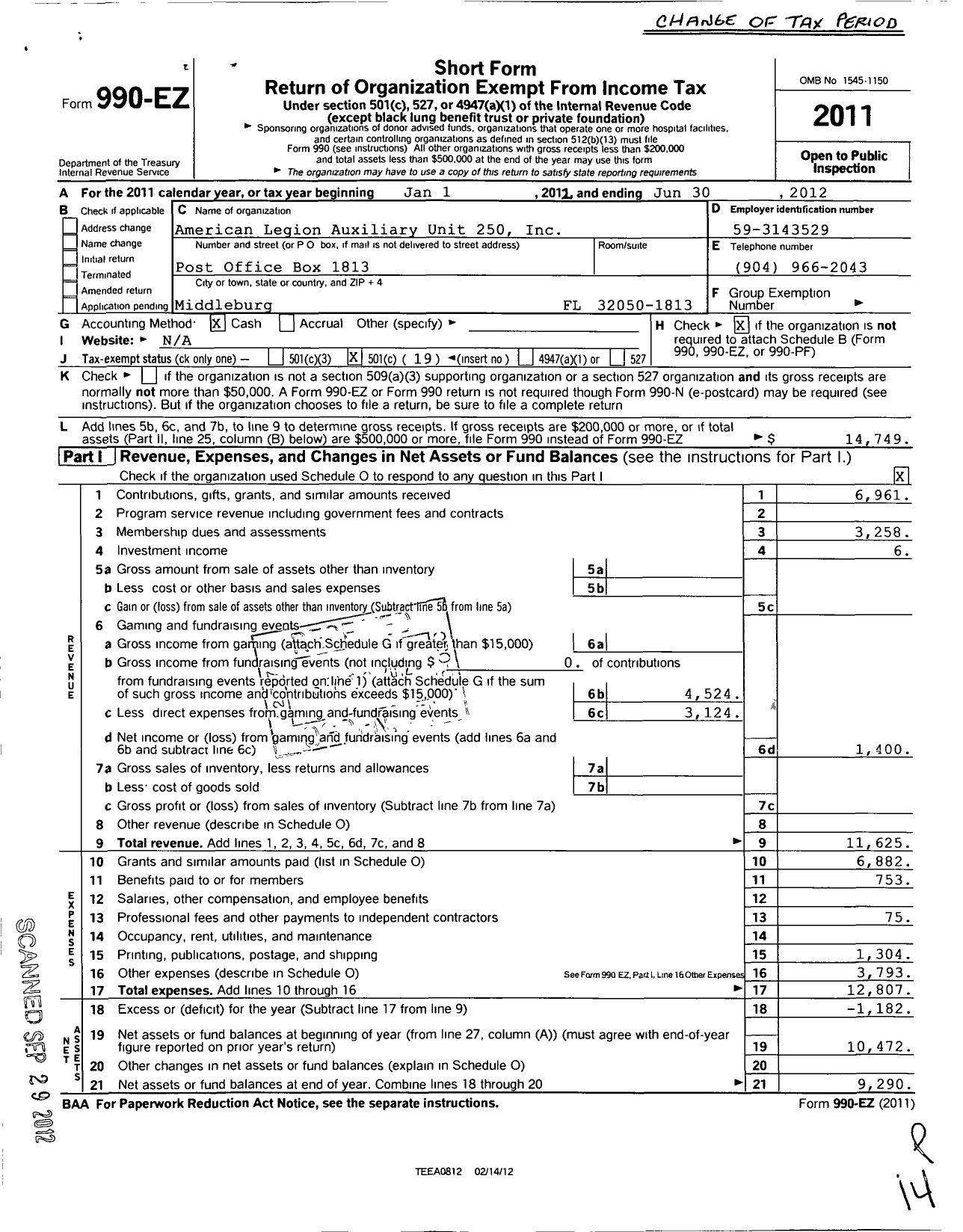 Image of first page of 2011 Form 990EO for American Legion Auxiliary - 250 Middleburg