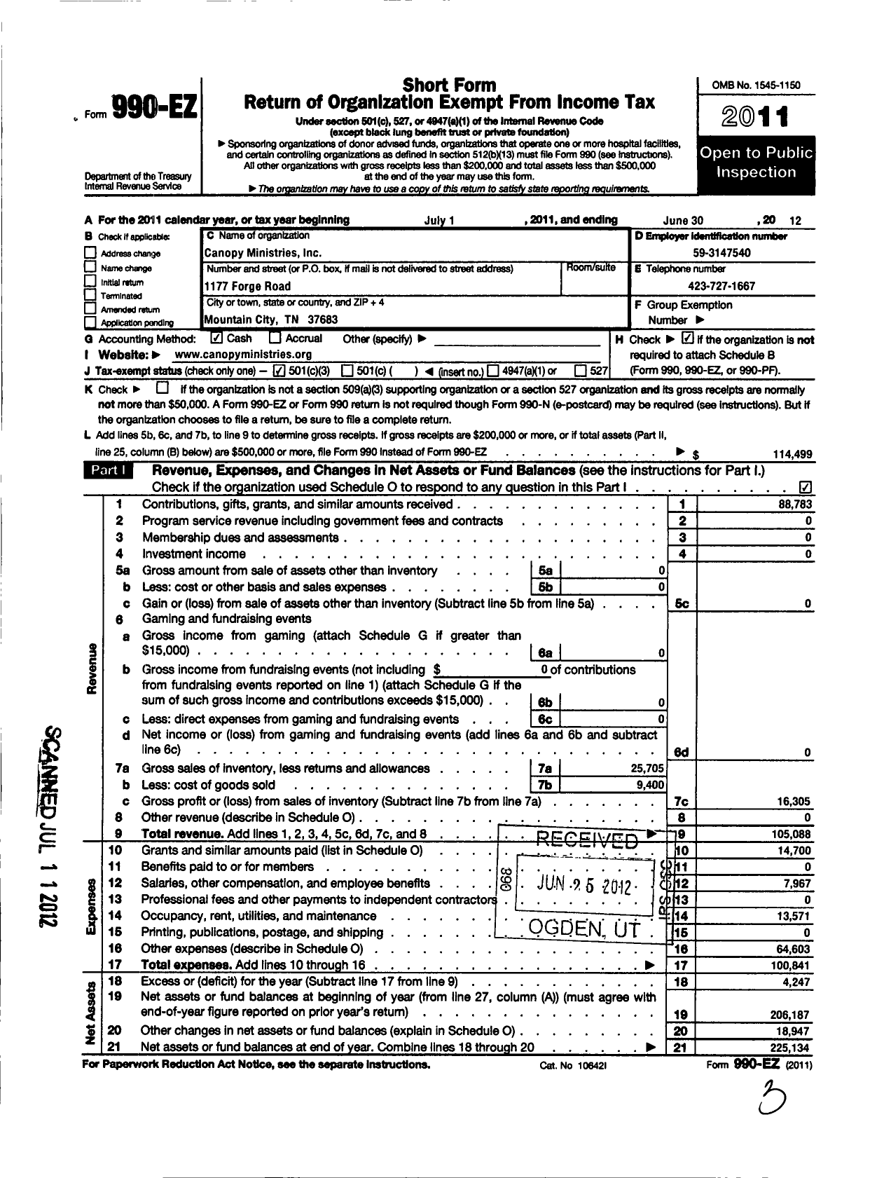 Image of first page of 2011 Form 990EZ for Canopy Ministries