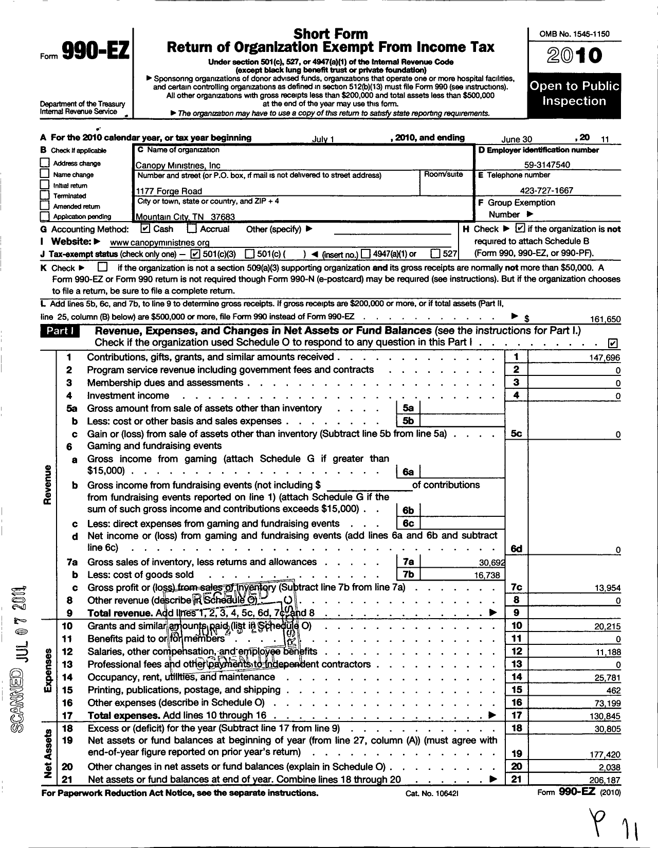 Image of first page of 2010 Form 990EZ for Canopy Ministries