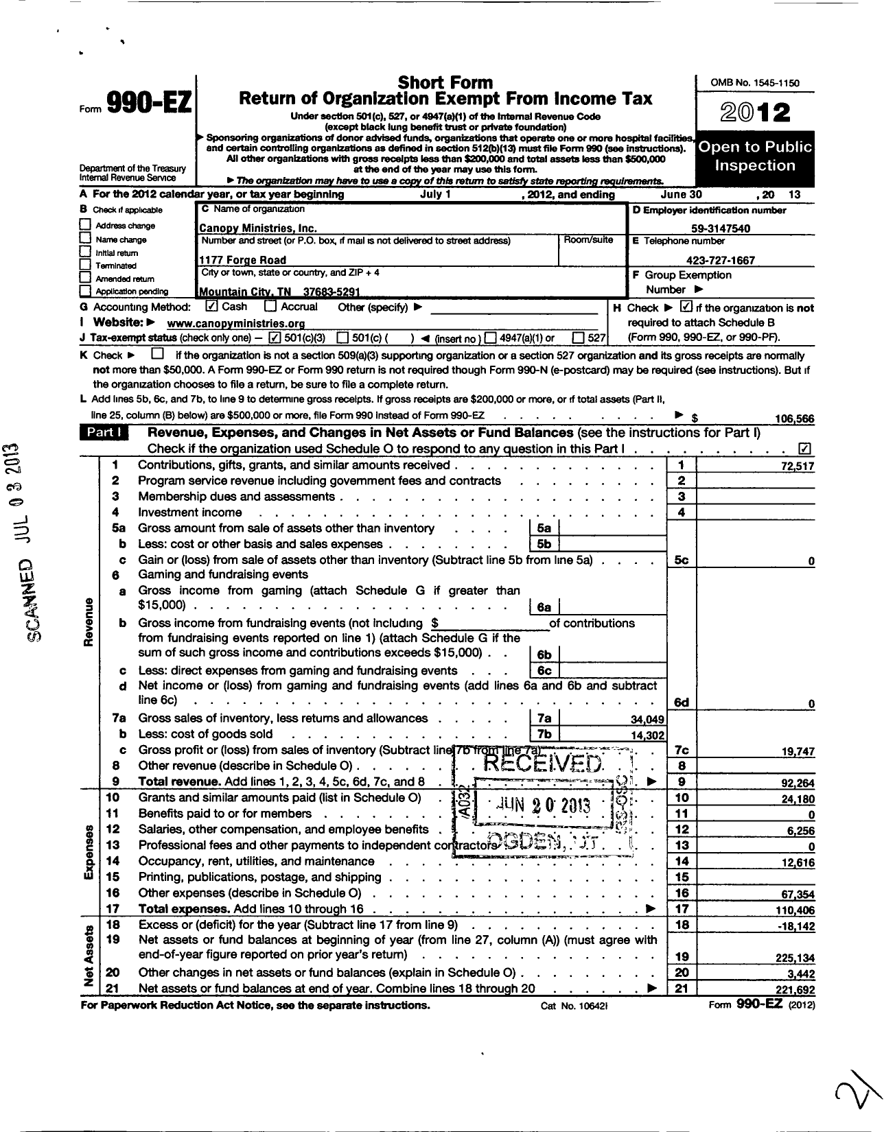 Image of first page of 2012 Form 990EZ for Canopy Ministries