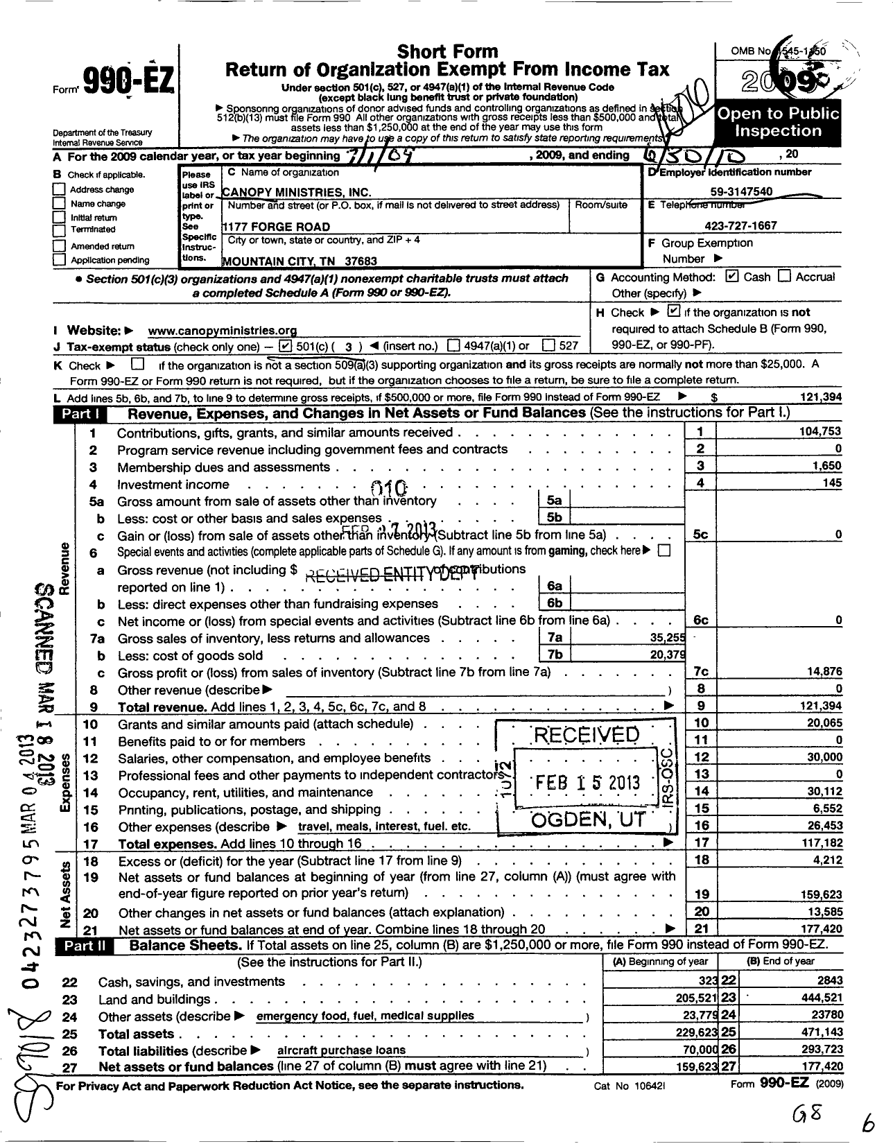 Image of first page of 2009 Form 990EZ for Canopy Ministries