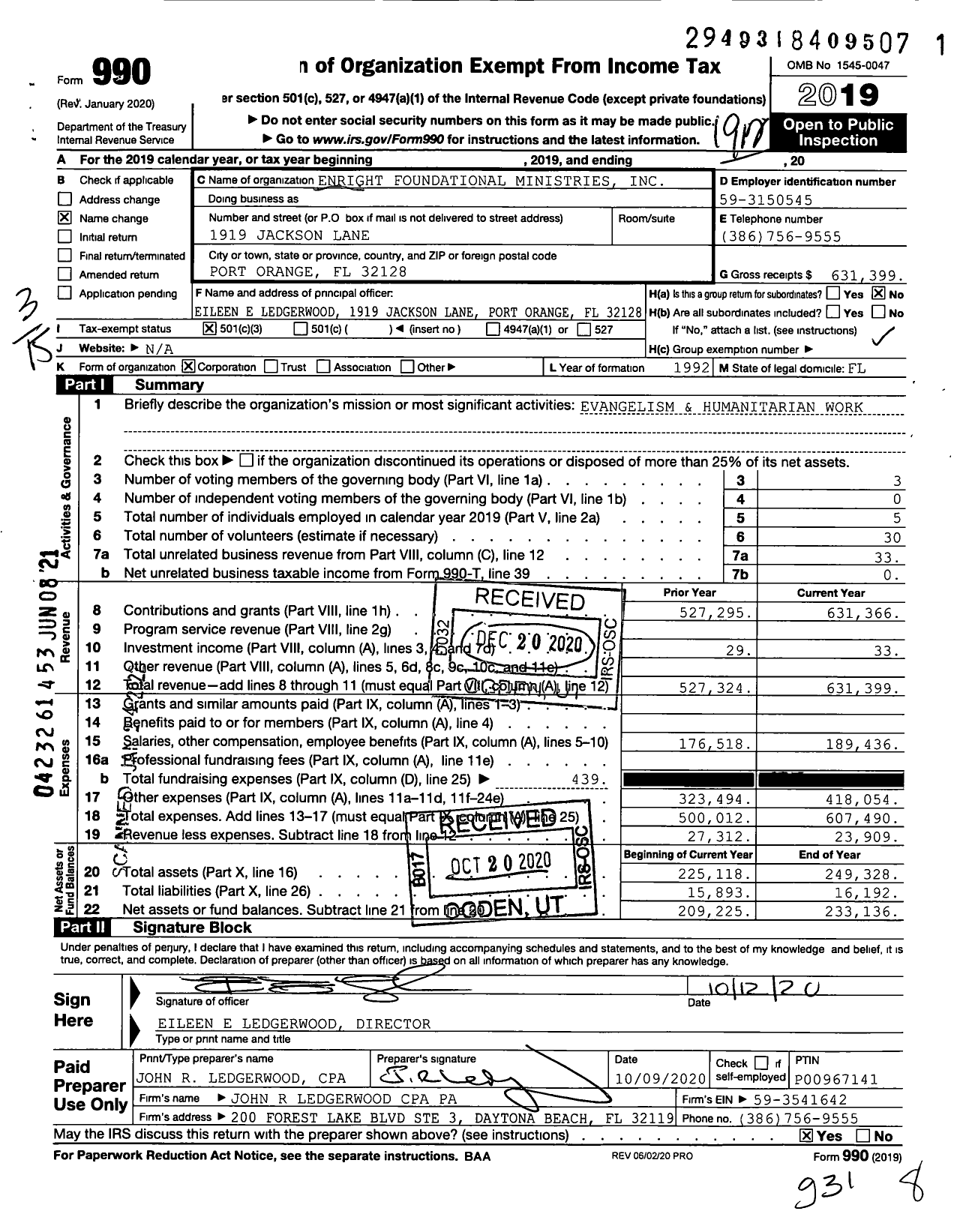 Image of first page of 2019 Form 990 for Enright Foundational Ministries