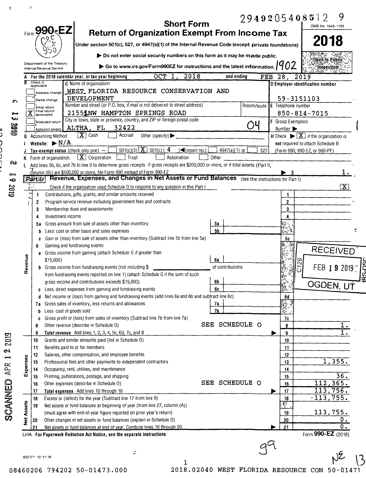 Image of first page of 2018 Form 990EO for West Florida Resource Conservation and Development