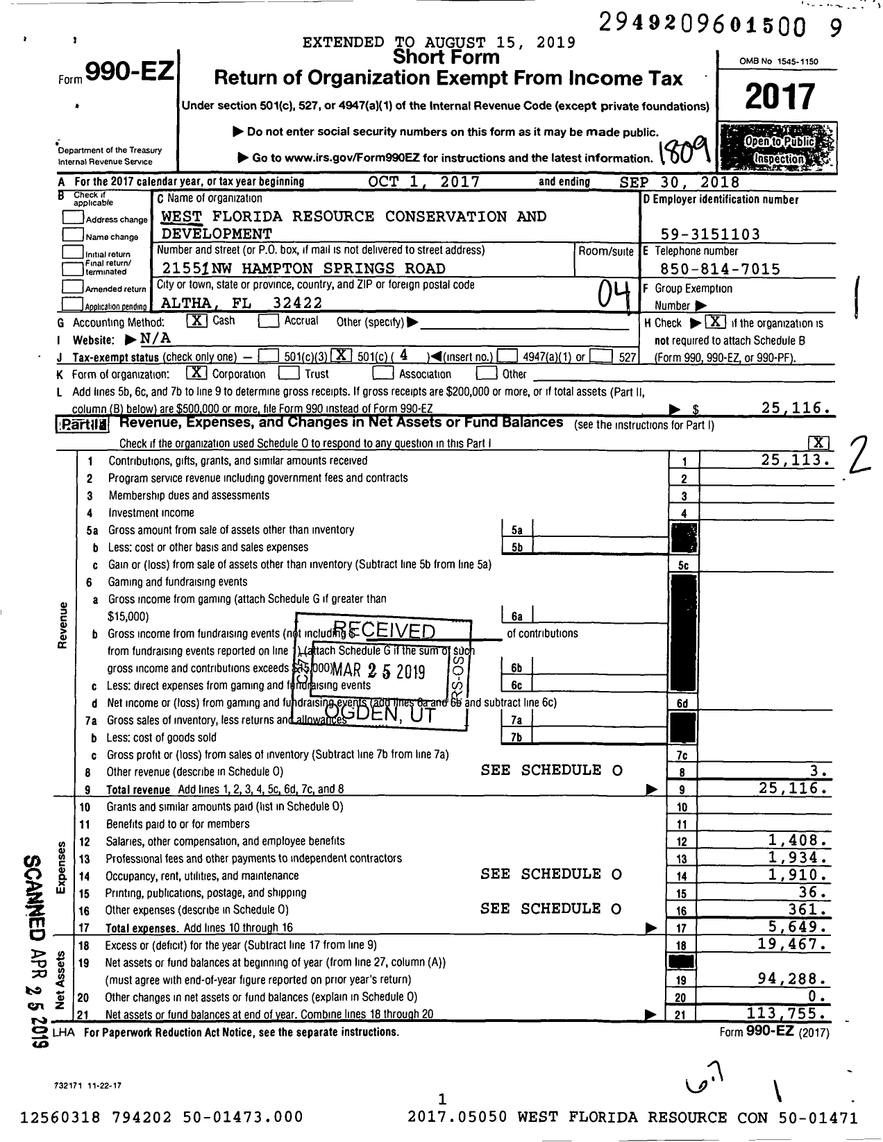 Image of first page of 2017 Form 990EO for West Florida Resource Conservation and Development