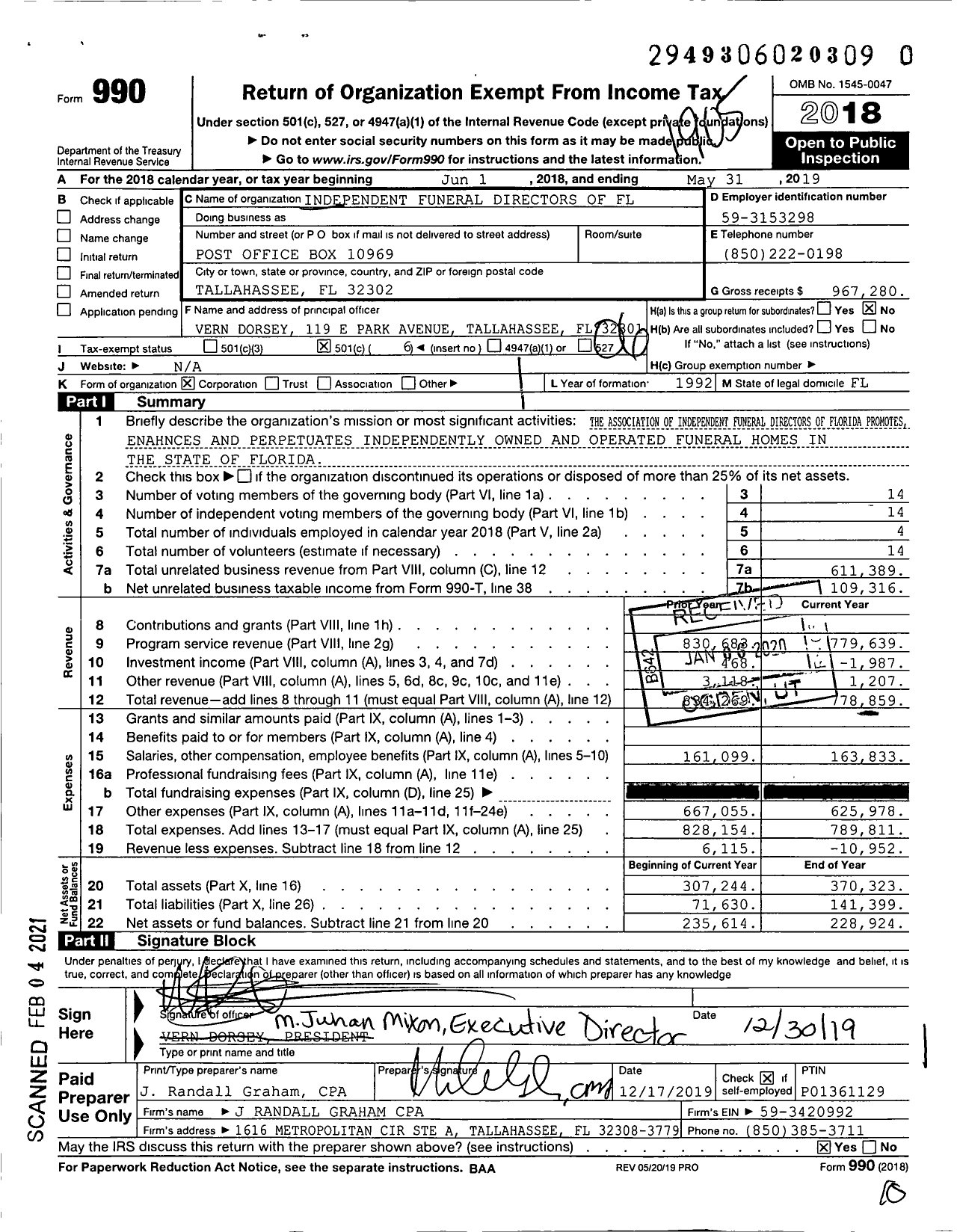 Image of first page of 2018 Form 990O for Independent Funeral Directors of FL