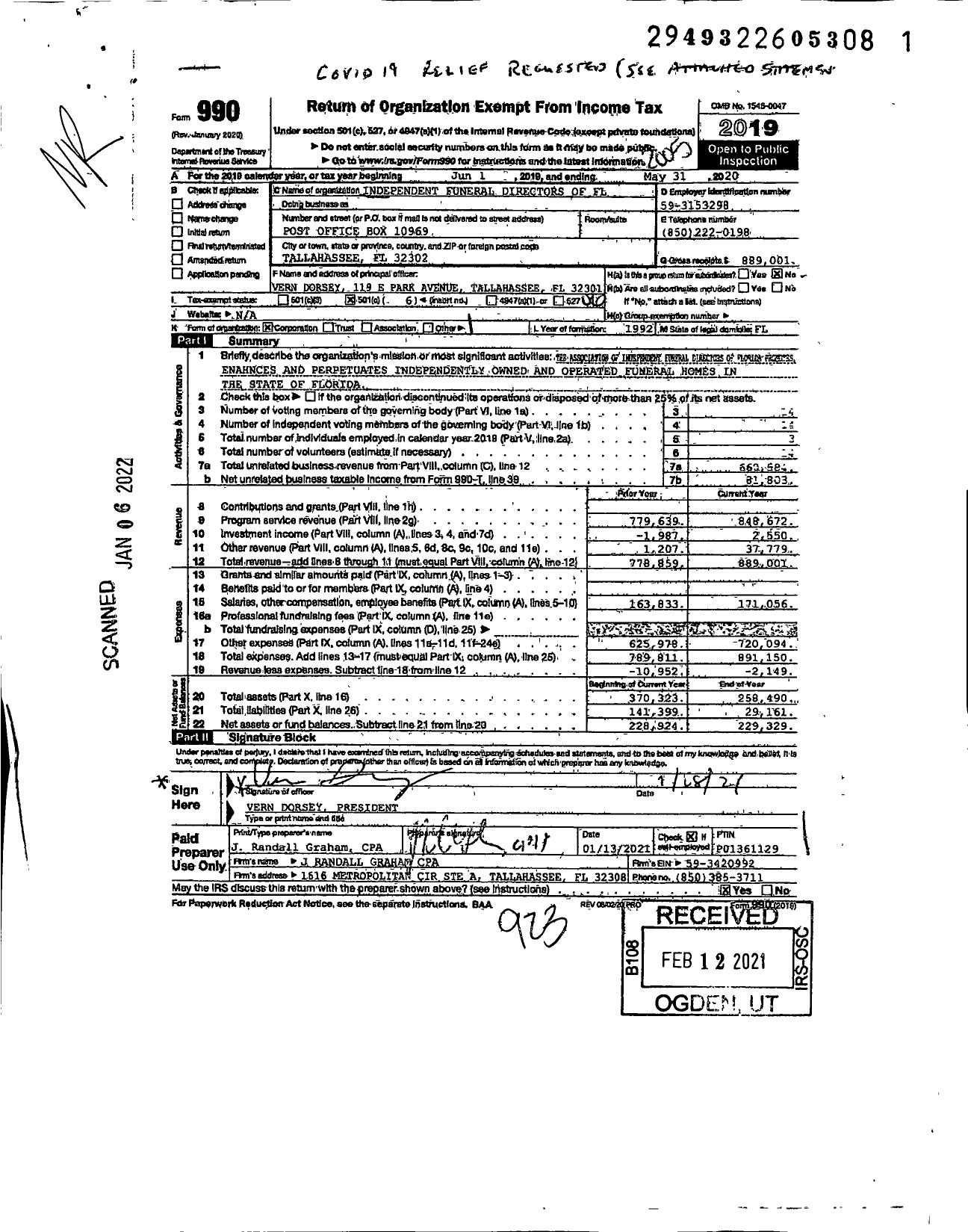 Image of first page of 2019 Form 990O for Independent Funeral Directors of FL