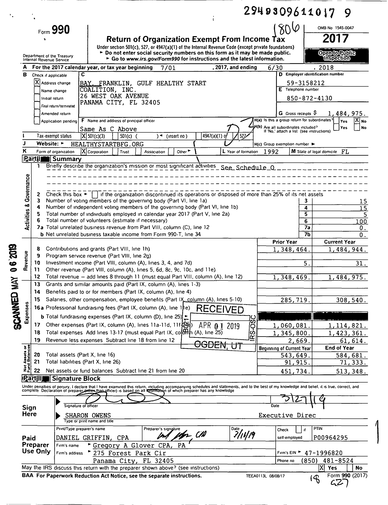 Image of first page of 2017 Form 990 for Bay Franklin Gulf Healthy Start Coalition