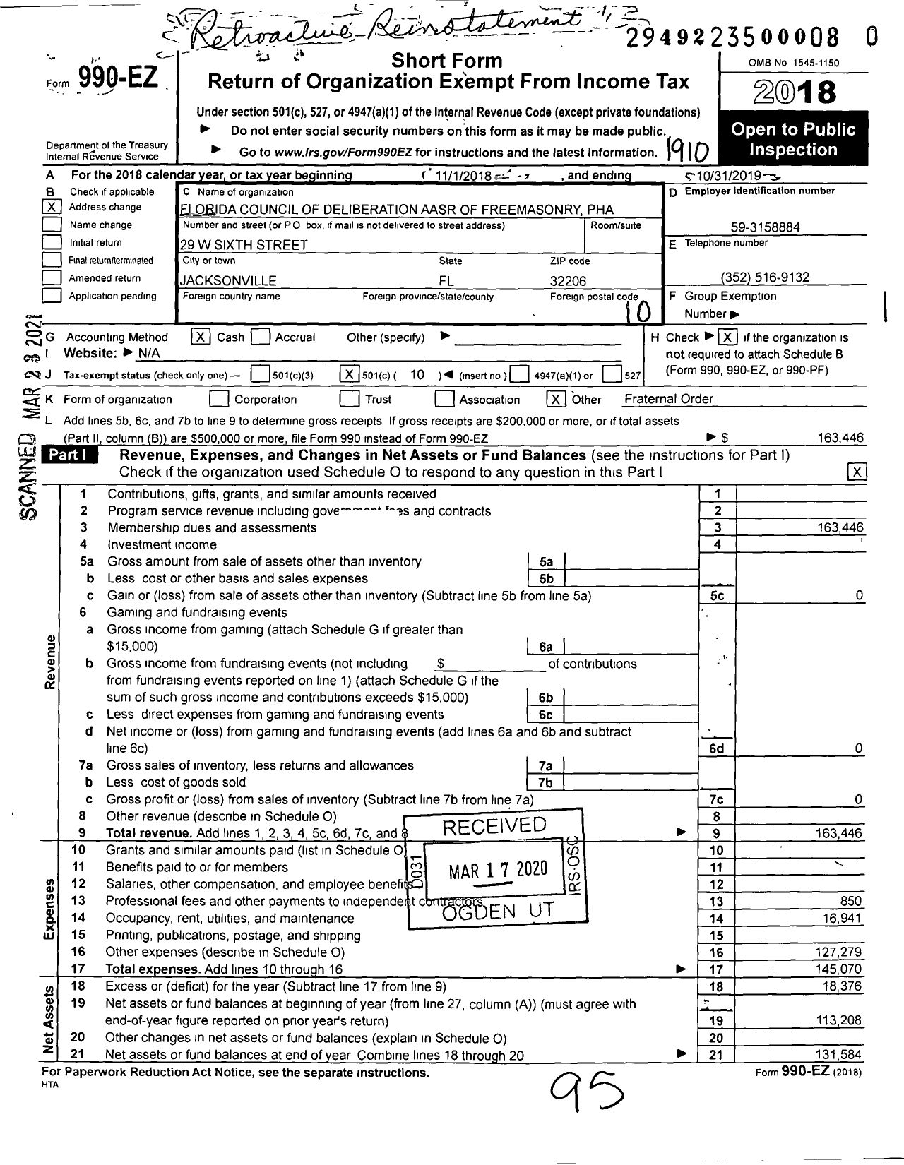 Image of first page of 2018 Form 990EO for Florida Council of Deliberation Aasr of Freemasonry Pha