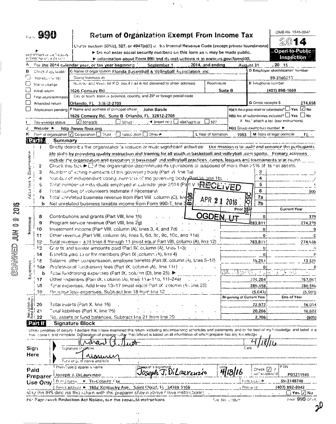 Image of first page of 2014 Form 990 for Florida Basketball and Volleyball Association