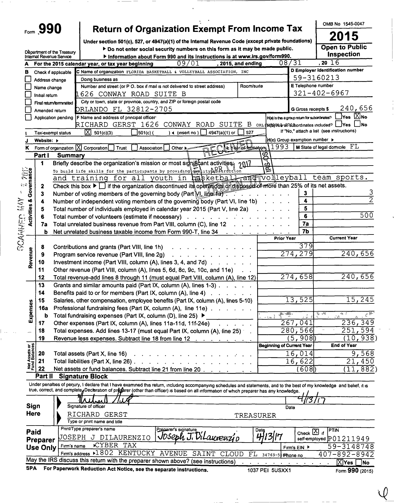 Image of first page of 2015 Form 990 for Florida Basketball and Volleyball Association