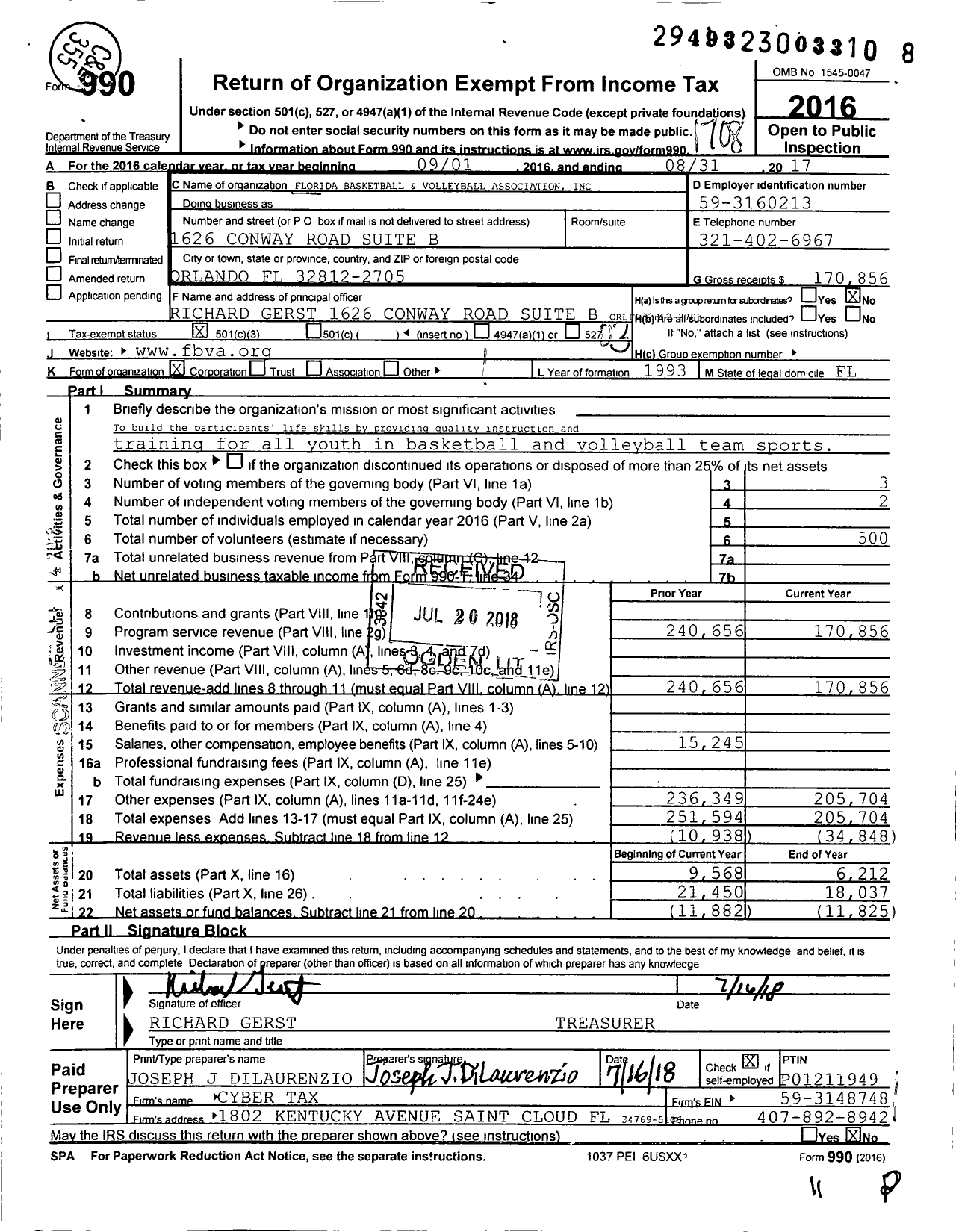 Image of first page of 2016 Form 990 for Florida Basketball and Volleyball Association