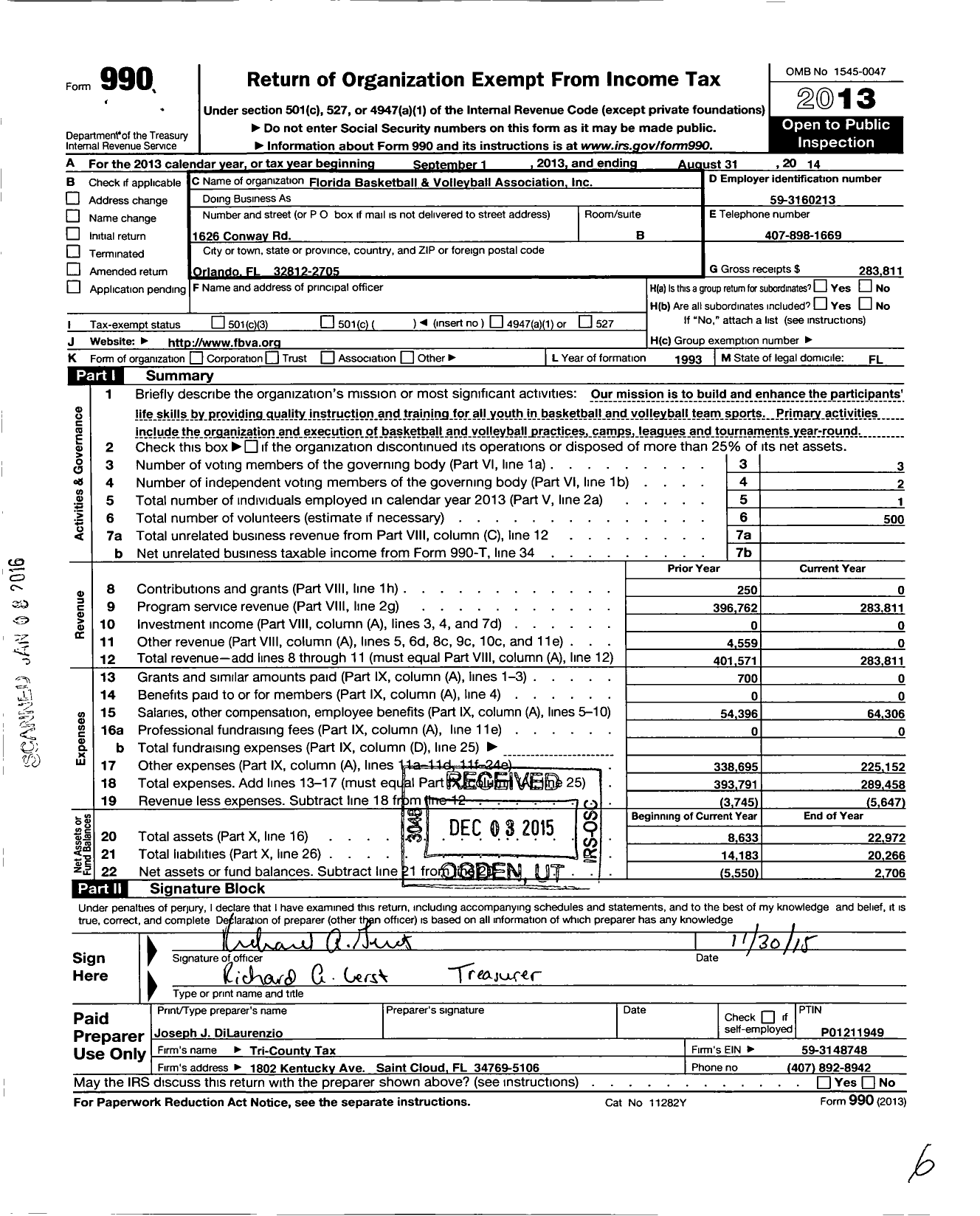 Image of first page of 2013 Form 990O for Florida Basketball and Volleyball Association