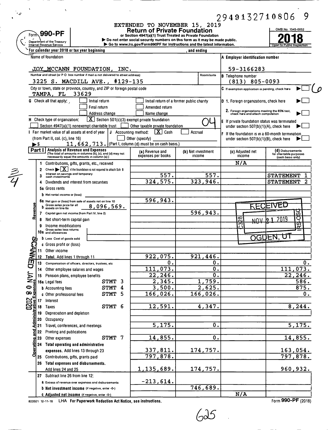 Image of first page of 2018 Form 990PF for Joy Mccann Foundation