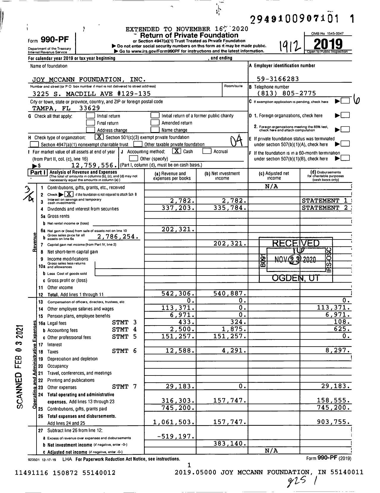 Image of first page of 2019 Form 990PF for Joy Mccann Foundation