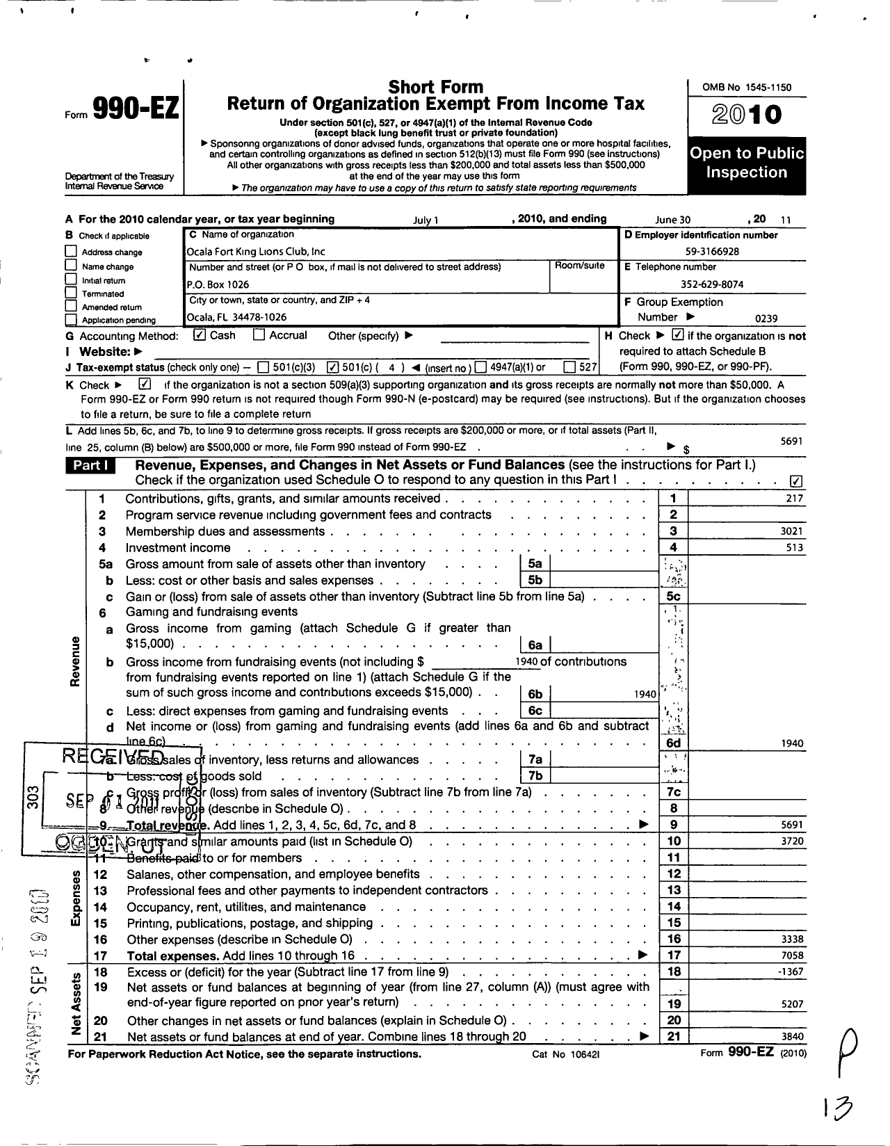 Image of first page of 2010 Form 990EO for Lions Clubs - 12544 Ocala Fort King Breakfast