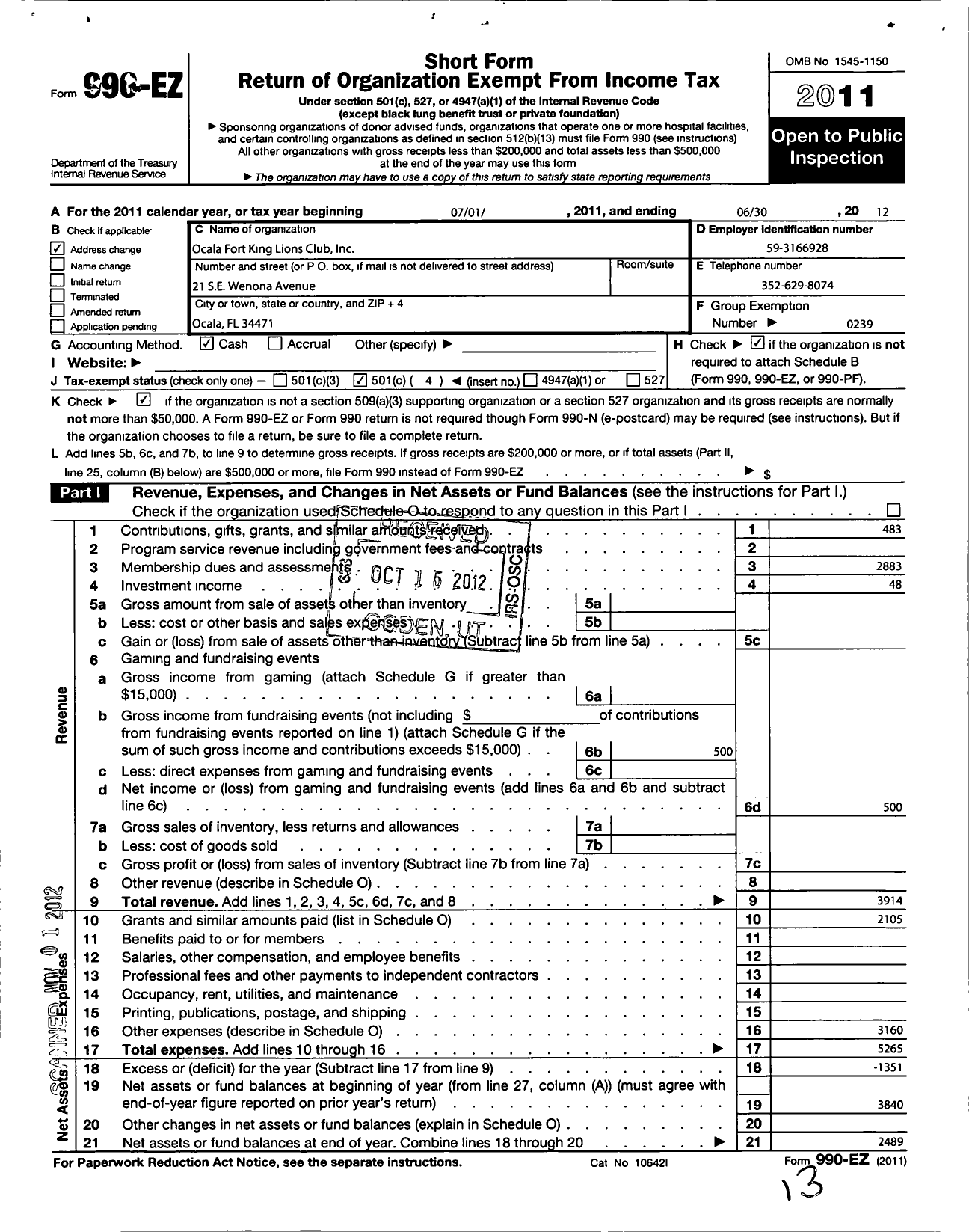 Image of first page of 2011 Form 990EO for Lions Clubs - 12544 Ocala Fort King Breakfast