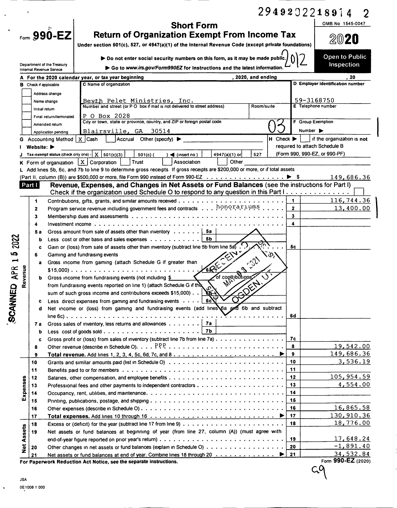 Image of first page of 2020 Form 990EZ for Beyth Pelet Ministries