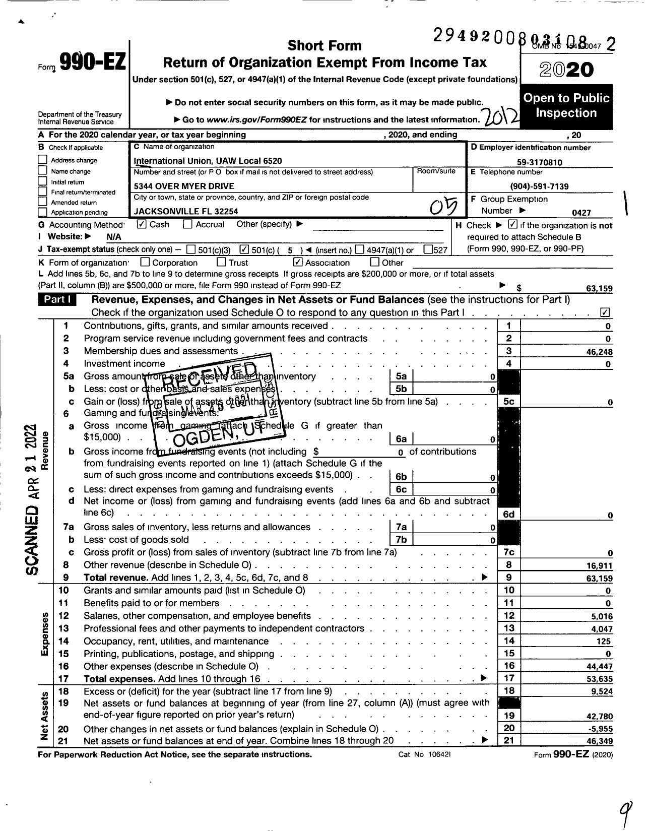 Image of first page of 2020 Form 990EO for UAW - 6520 Local