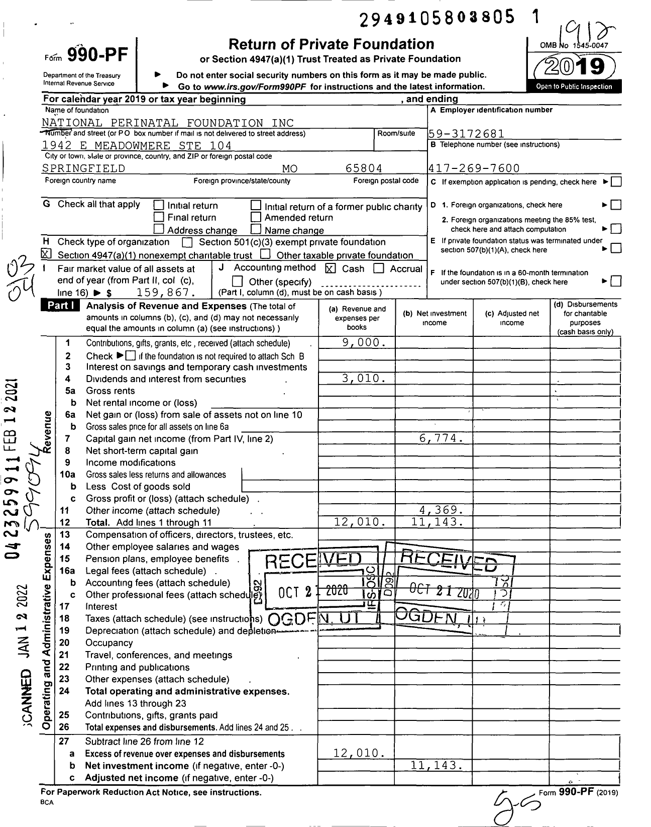 Image of first page of 2019 Form 990PF for National Perinatal Foundation