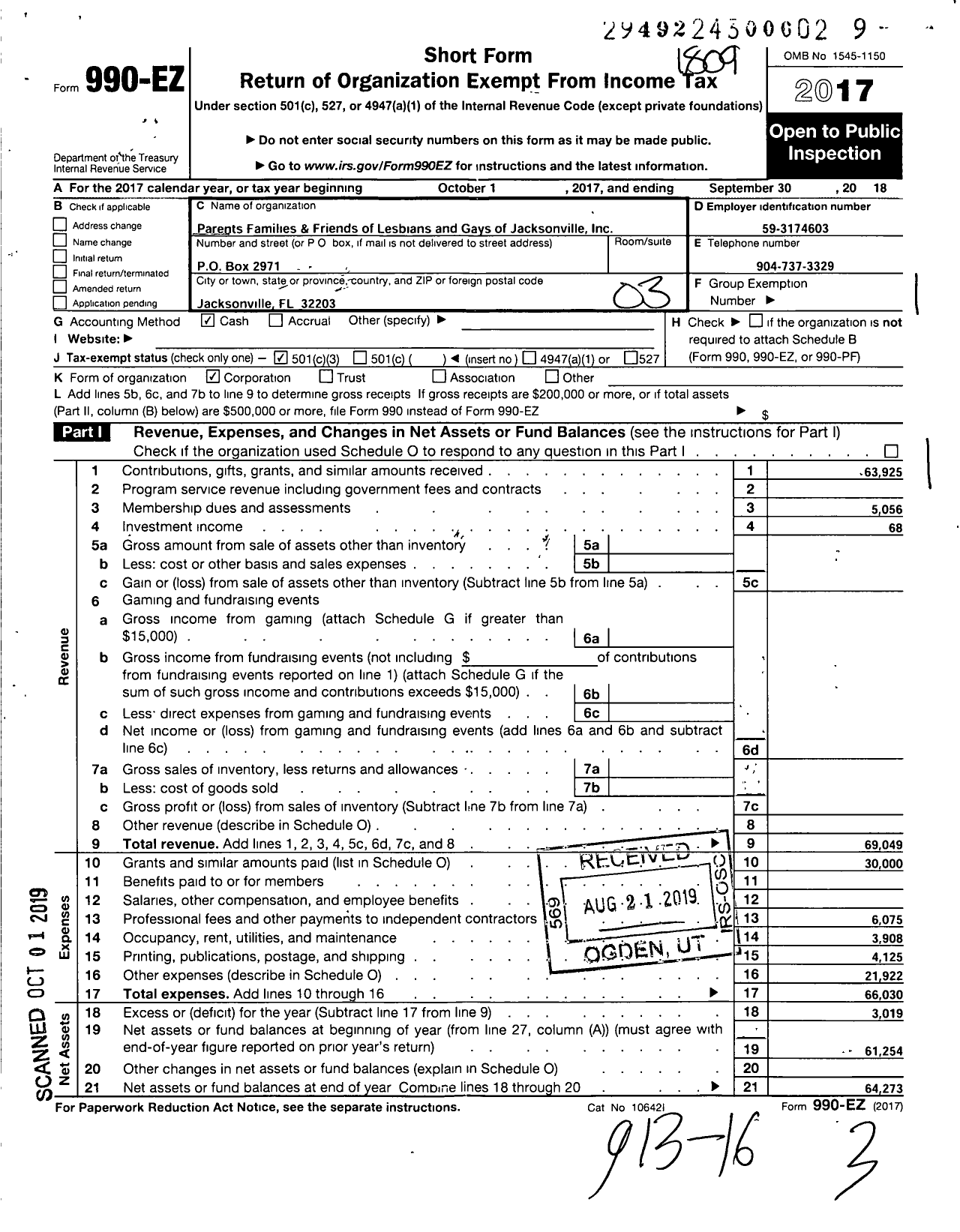 Image of first page of 2017 Form 990EZ for Parents Families & Friends of Lesbians and Gays