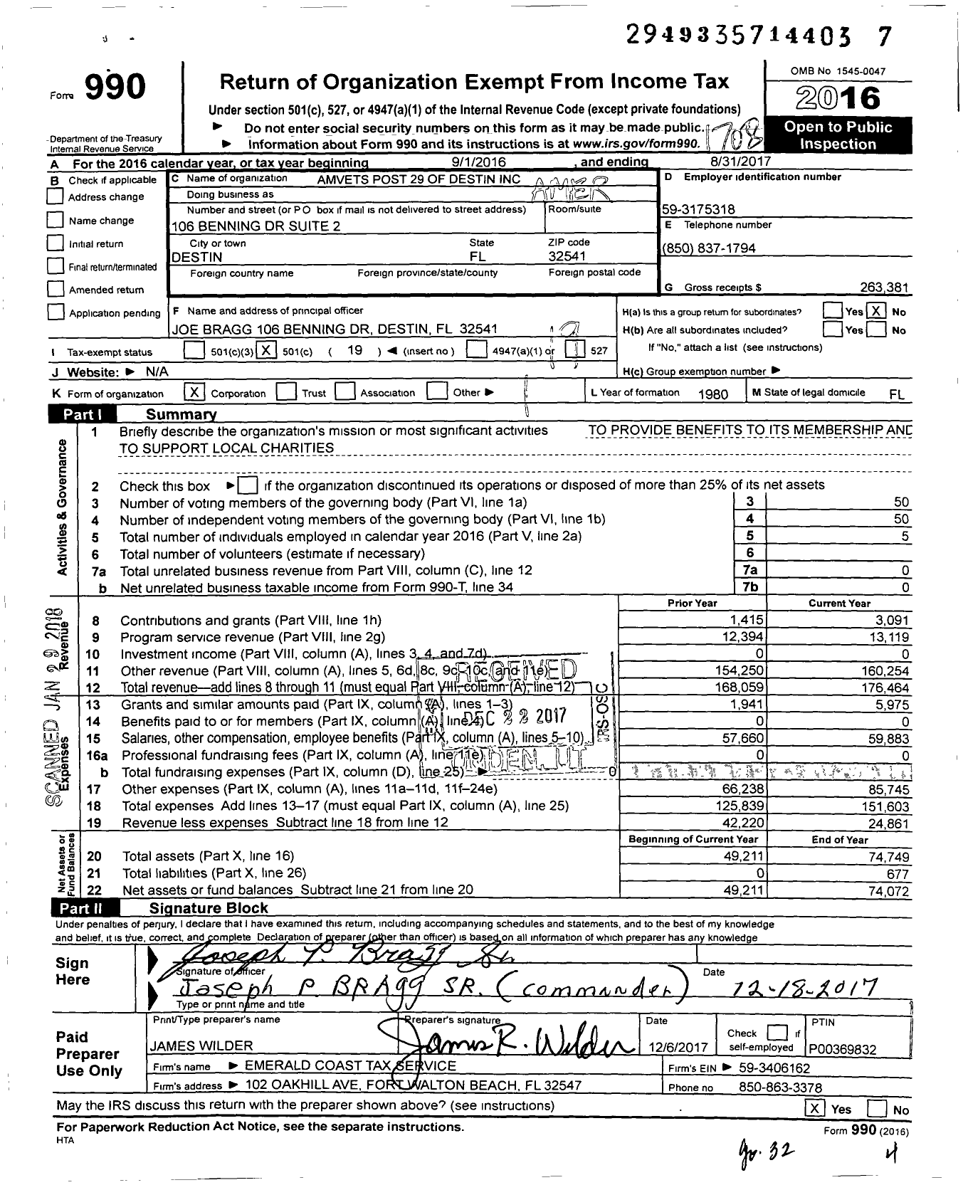 Image of first page of 2016 Form 990O for Amvets Post 29 Of Destin