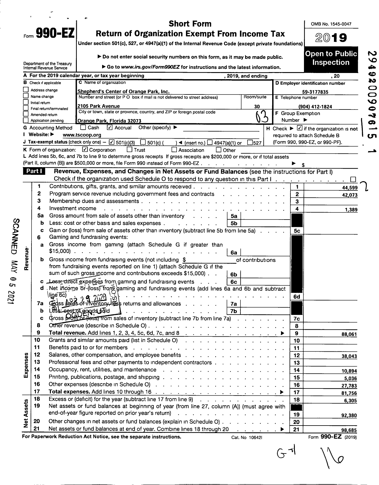 Image of first page of 2019 Form 990EZ for Shepherds Center of Orange Park