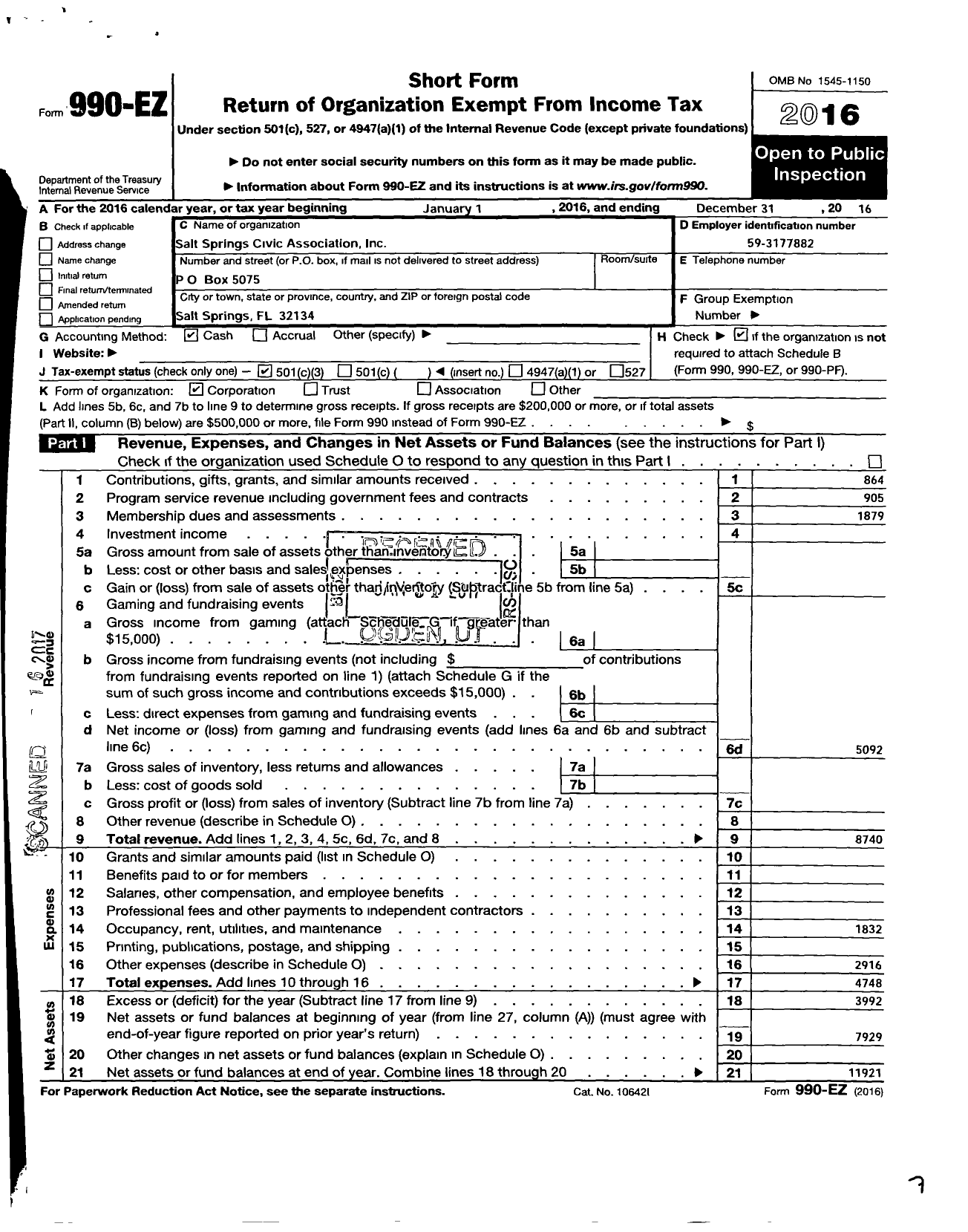 Image of first page of 2016 Form 990EZ for Salt Springs Civic Association