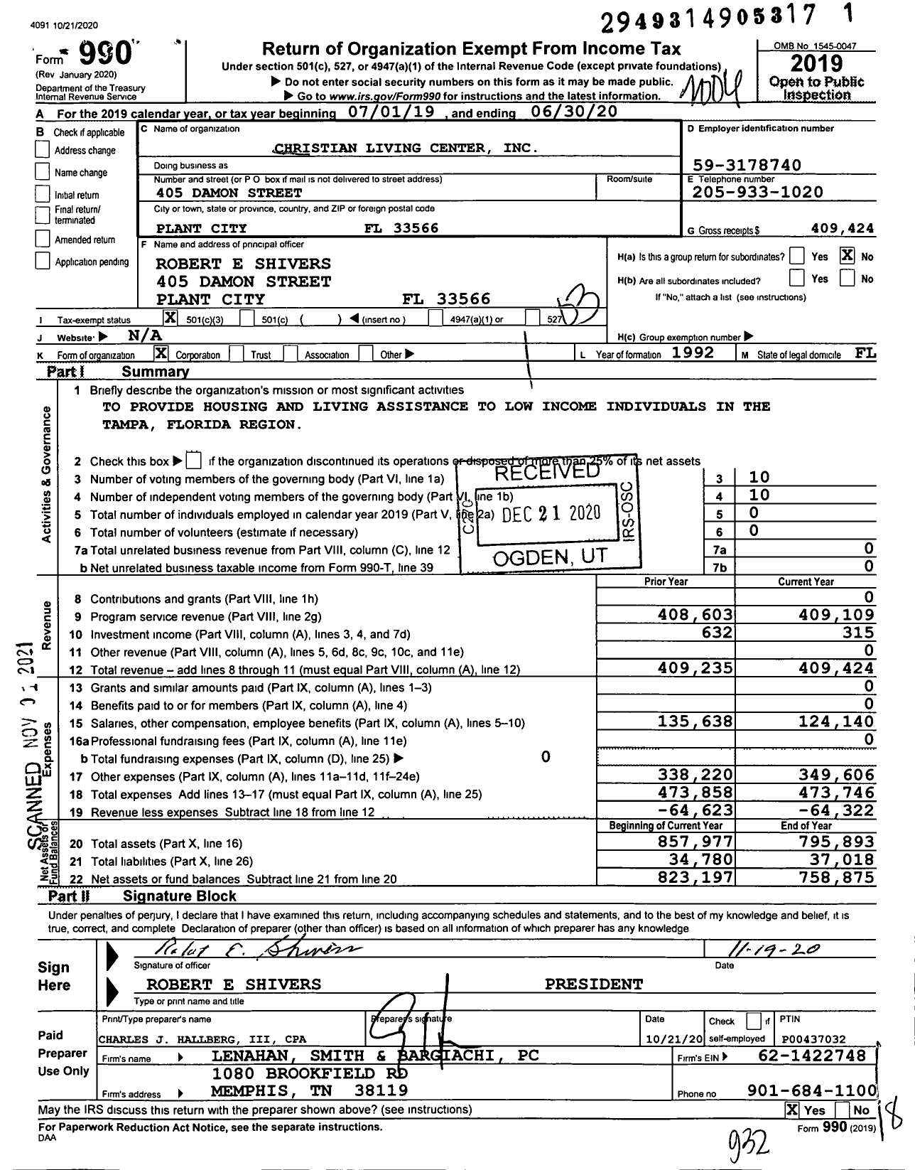 Image of first page of 2019 Form 990 for Christian Living Center