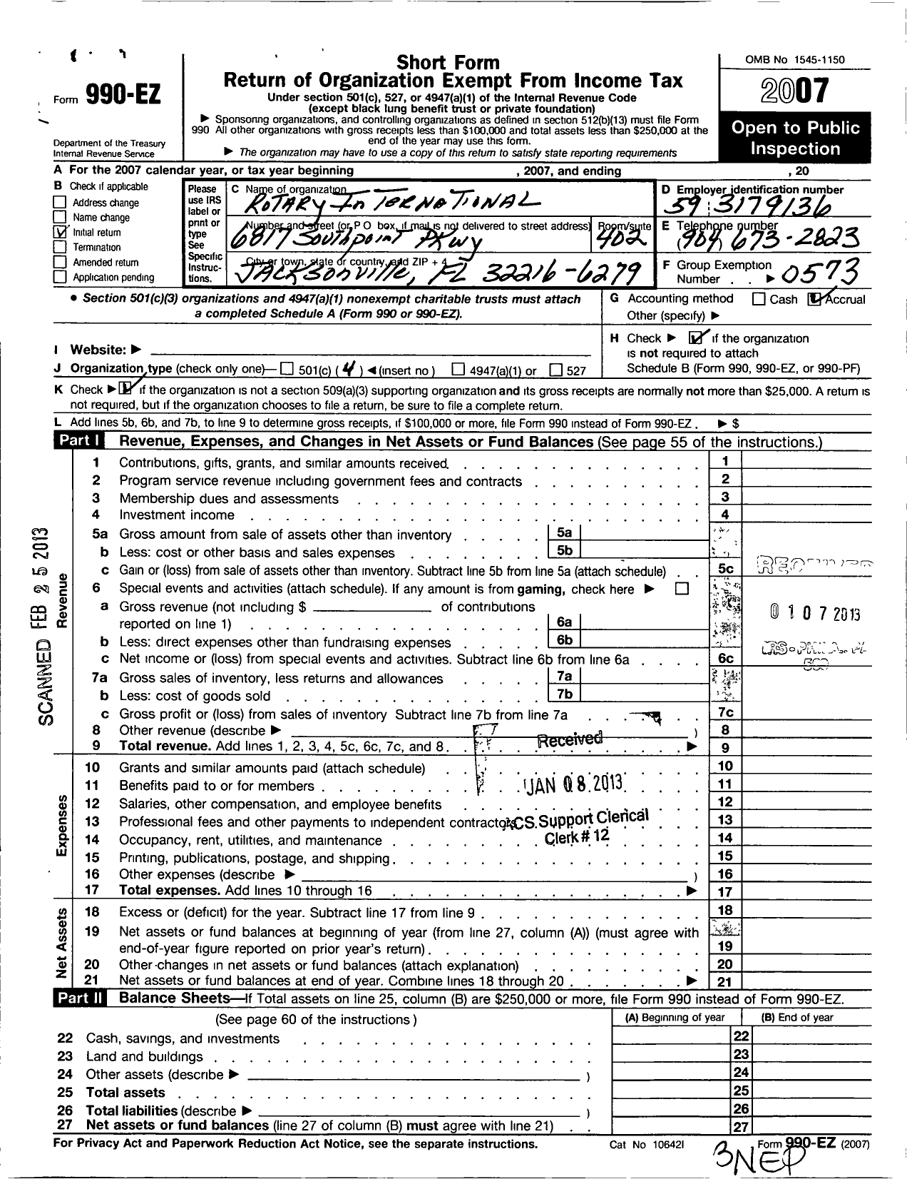 Image of first page of 2007 Form 990EO for Rotary Club of East Arlington