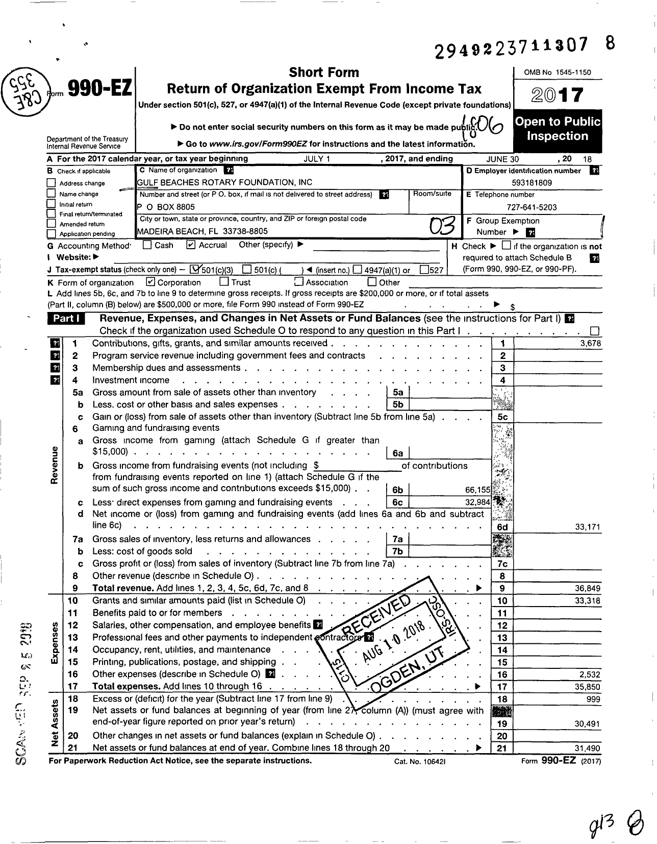 Image of first page of 2017 Form 990EZ for Gulf Beaches Rotary Foundation