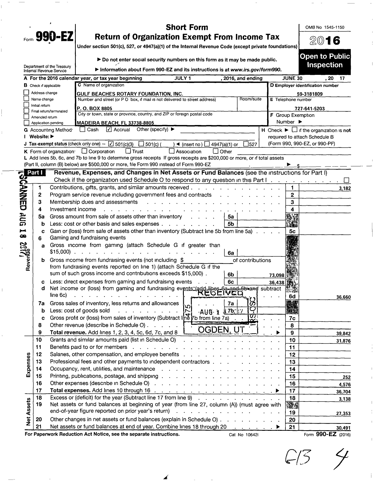 Image of first page of 2016 Form 990EZ for Gulf Beaches Rotary Foundation