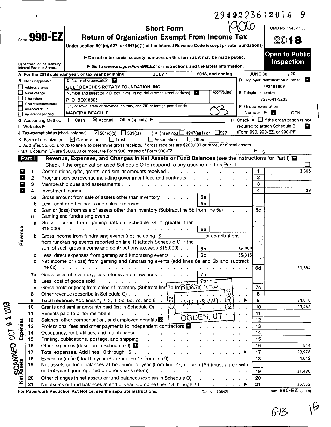 Image of first page of 2018 Form 990EZ for Gulf Beaches Rotary Foundation