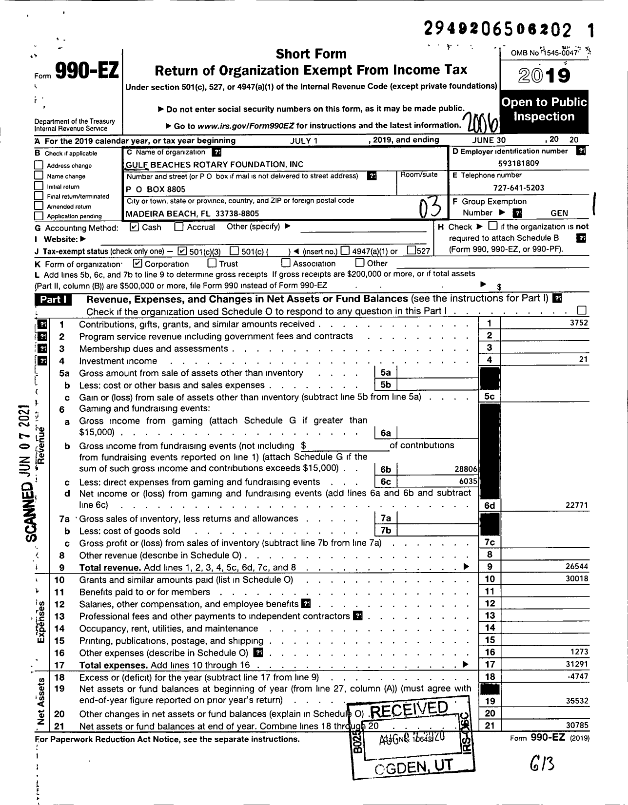 Image of first page of 2019 Form 990EZ for Gulf Beaches Rotary Foundation