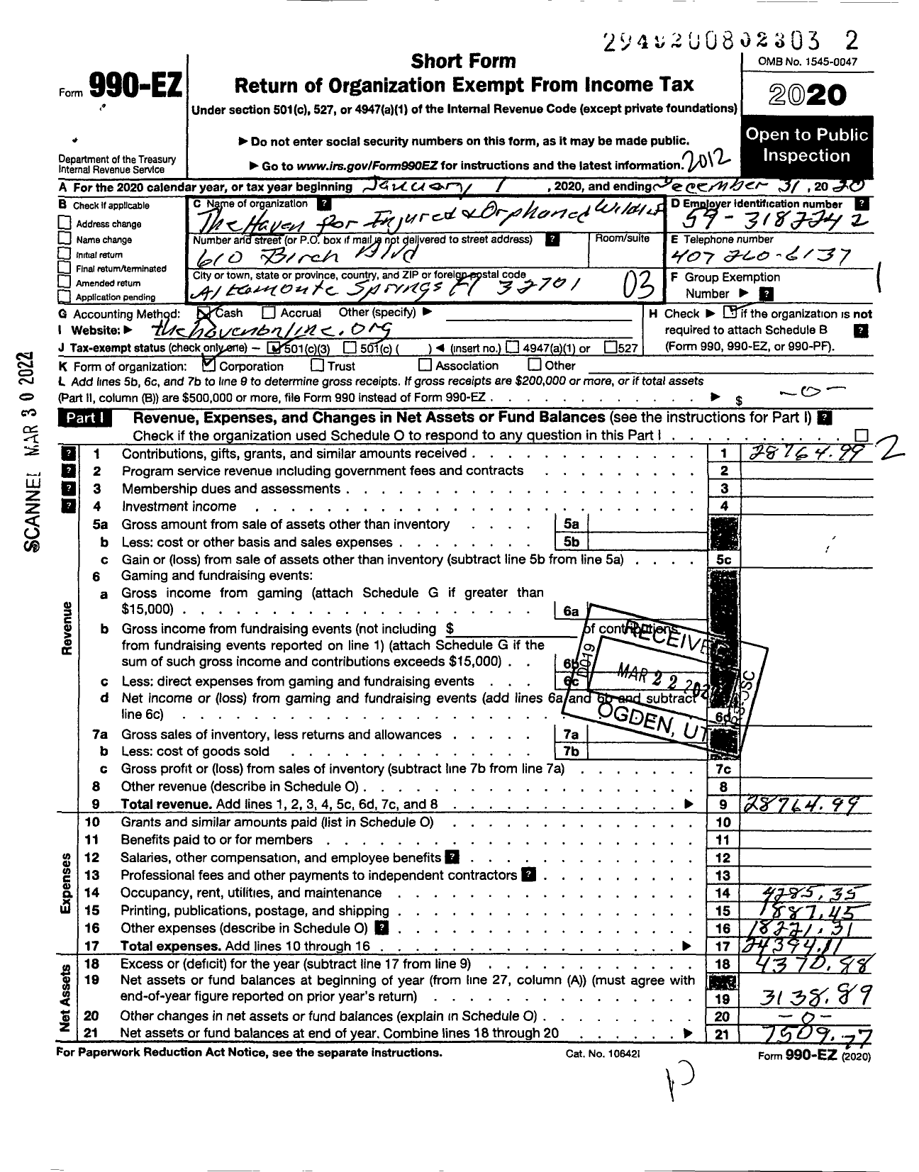 Image of first page of 2020 Form 990EZ for Haven for Injured and Orphaned Wildlife