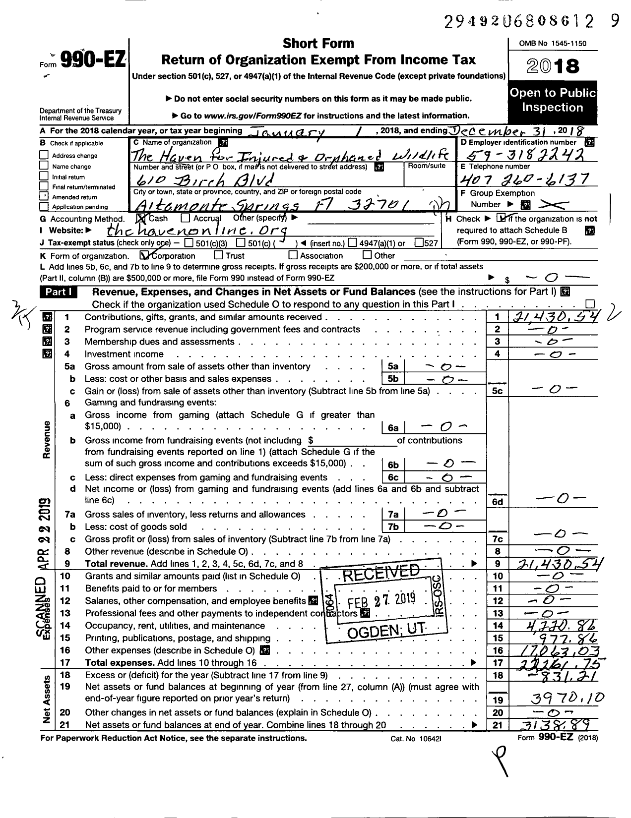 Image of first page of 2018 Form 990EZ for Haven for Injured and Orphaned Wildlife