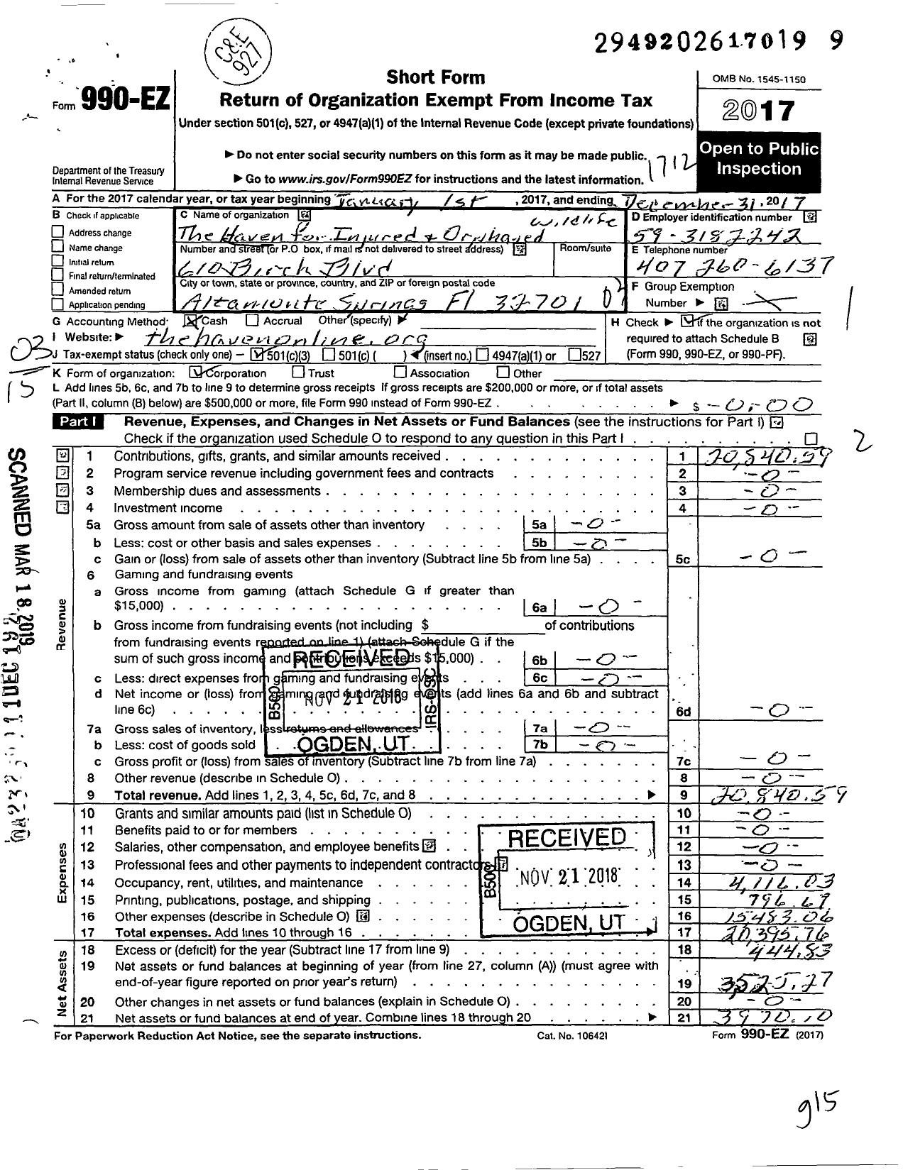 Image of first page of 2017 Form 990EZ for Haven for Injured and Orphaned Wildlife