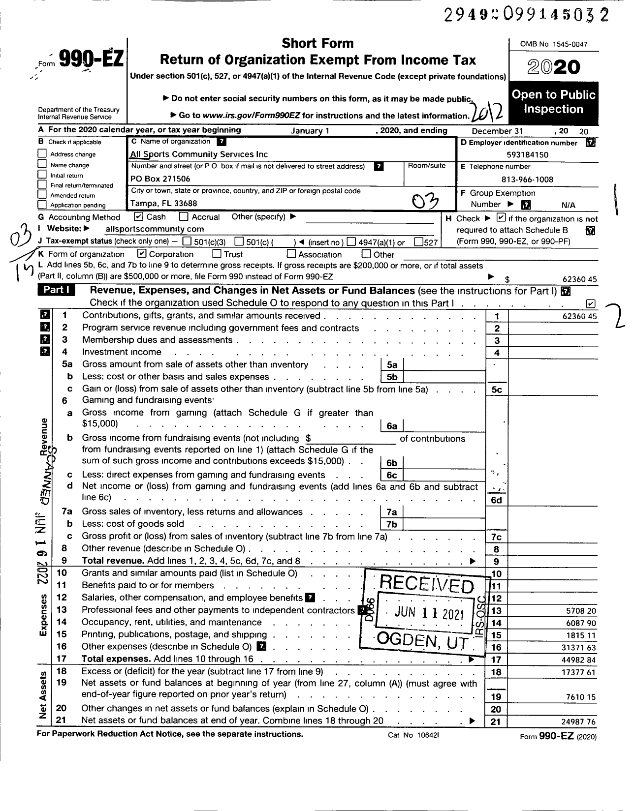 Image of first page of 2020 Form 990EZ for ALL SPORTS COMMUNITY Service Corporation