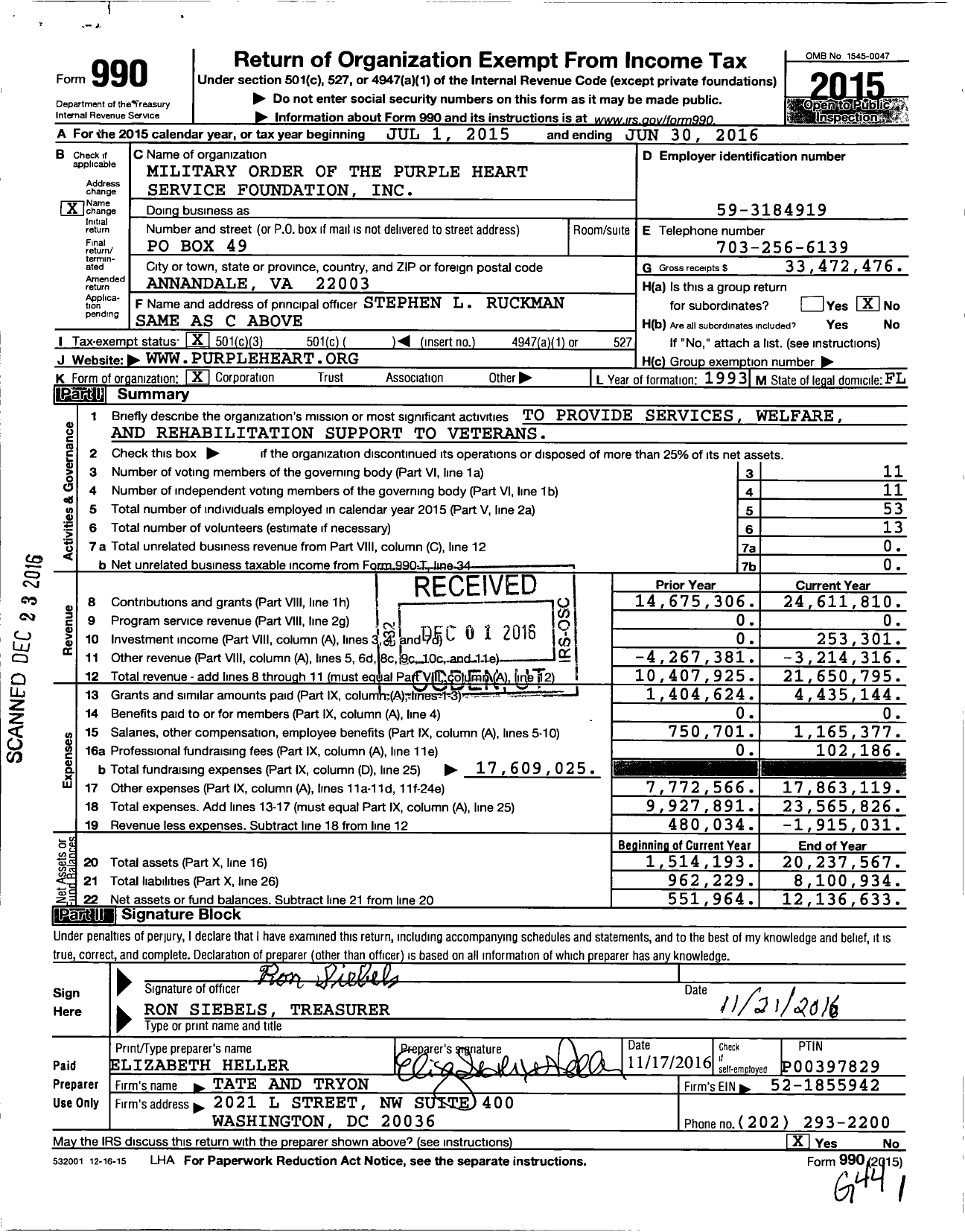 Image of first page of 2015 Form 990 for Purple Heart FOUNDATION